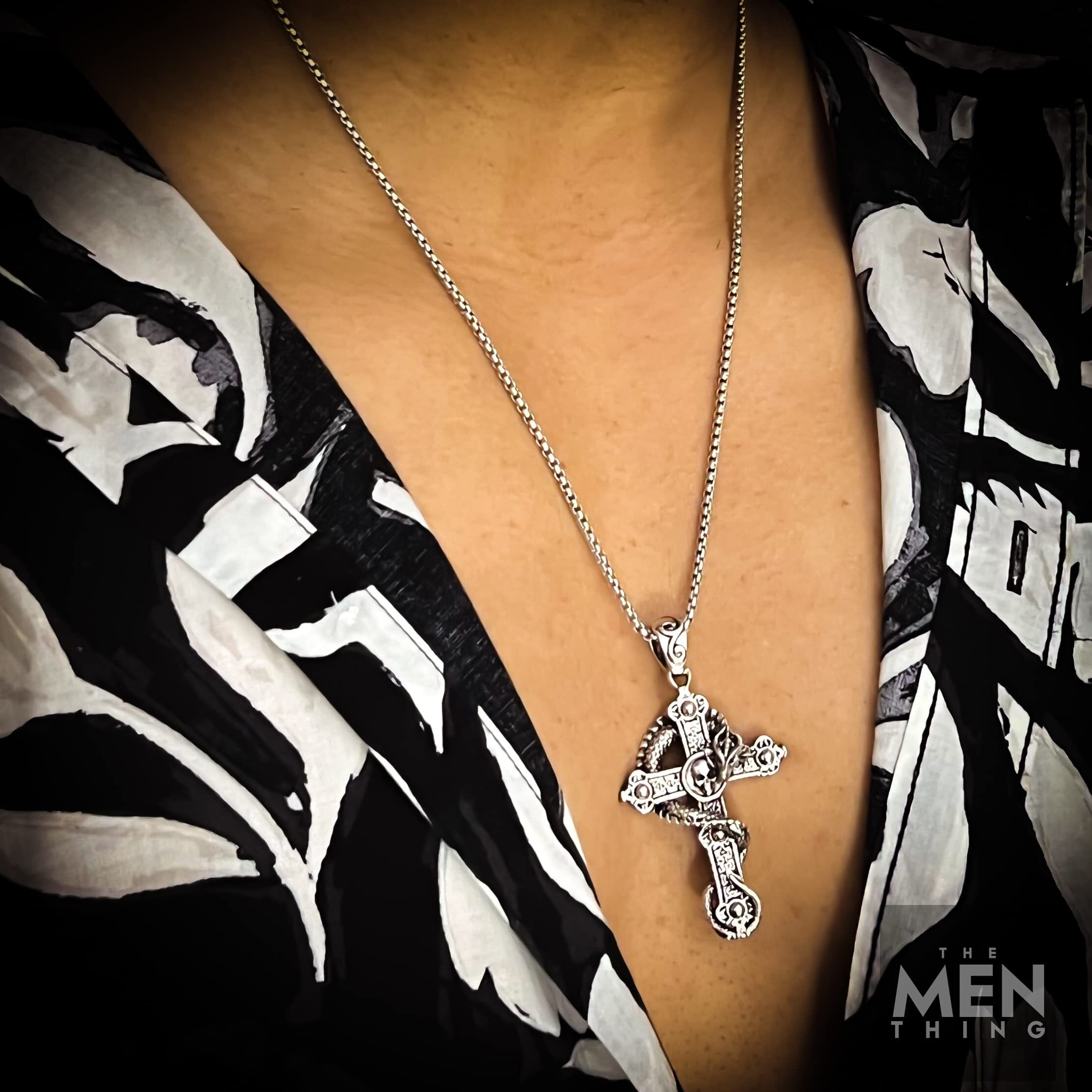 THE MEN THING COBRA-CROSS - Alloy Snake Pendant with Pure Stainless Steel 24inch Round Box Chain, European trending Style for Men & Boy