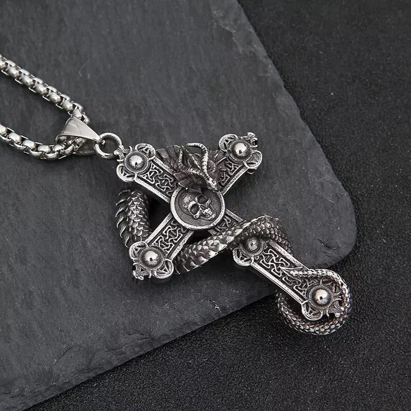 THE MEN THING COBRA-CROSS - Alloy Snake Pendant with Pure Stainless Steel 24inch Round Box Chain, European trending Style for Men & Boy