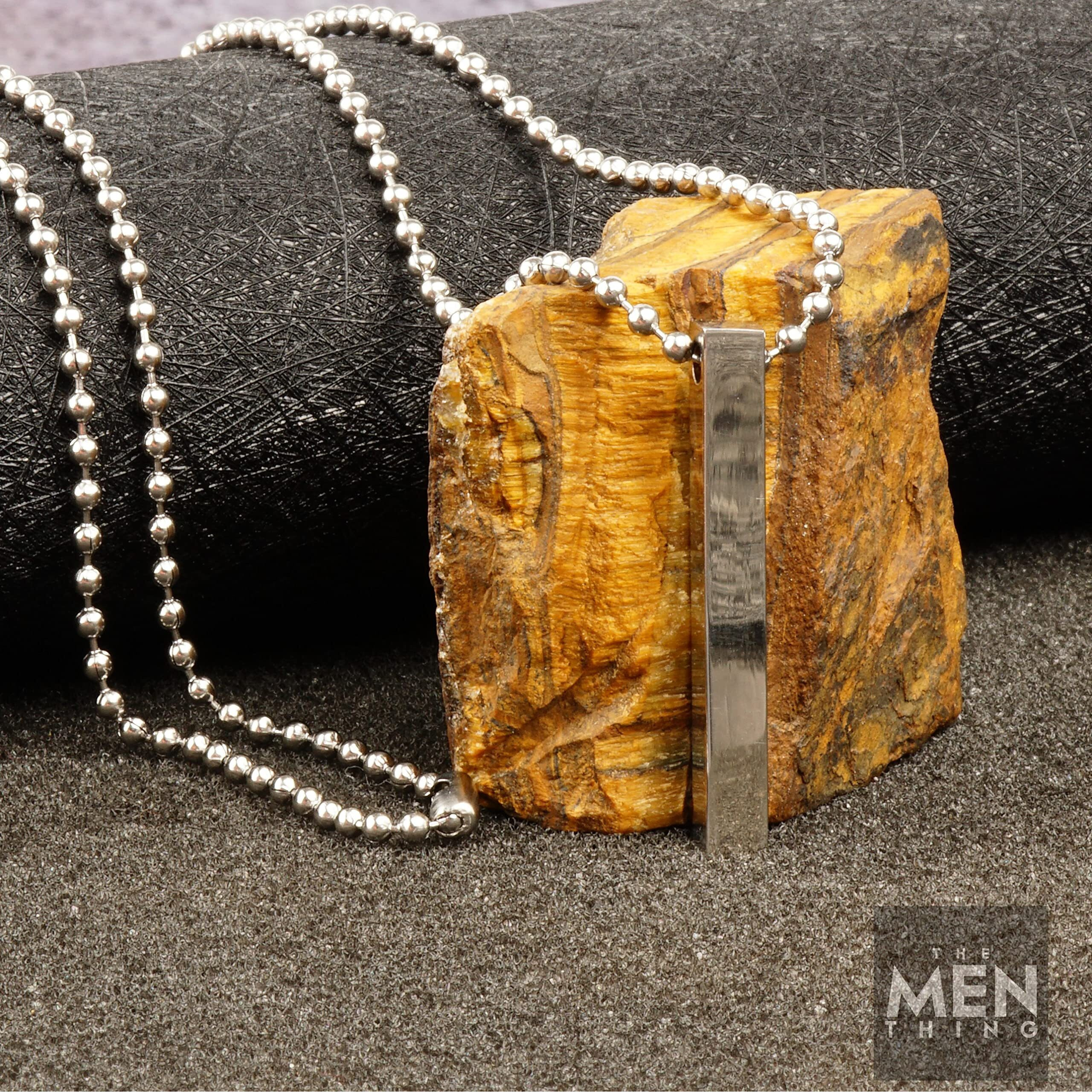 THE MEN THING Chain for Men - Pure Titanium Steel 3D Silver Cuboid Vertical Bar Pendant with 24inch Ball Chain for Men & Boys