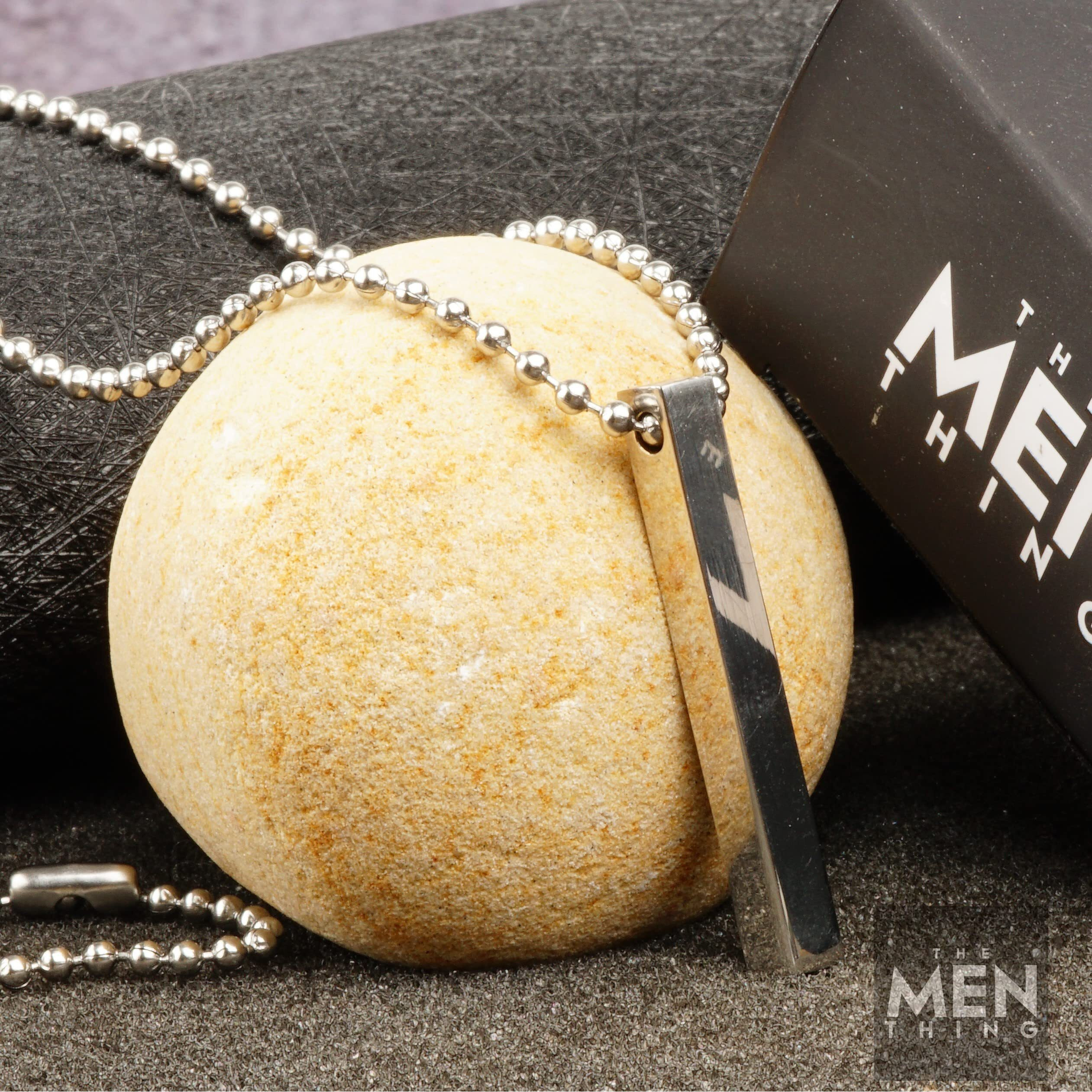 THE MEN THING Chain for Men - Pure Titanium Steel 3D Silver Cuboid Vertical Bar Pendant with 24inch Ball Chain for Men & Boys