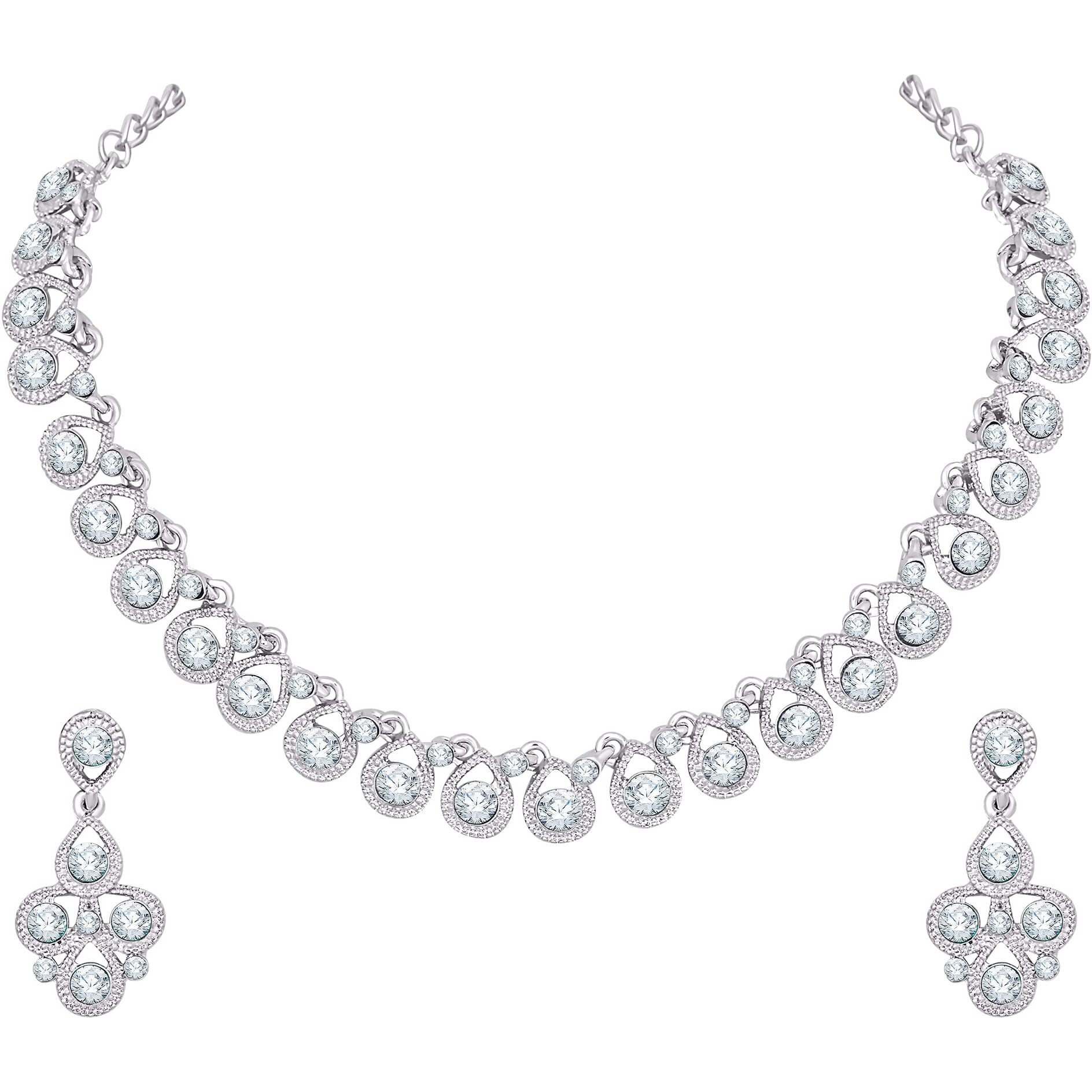 Atasi International Womens Silver Plated American Diamond Necklace/Jewellery Set with Earrings (R5461)