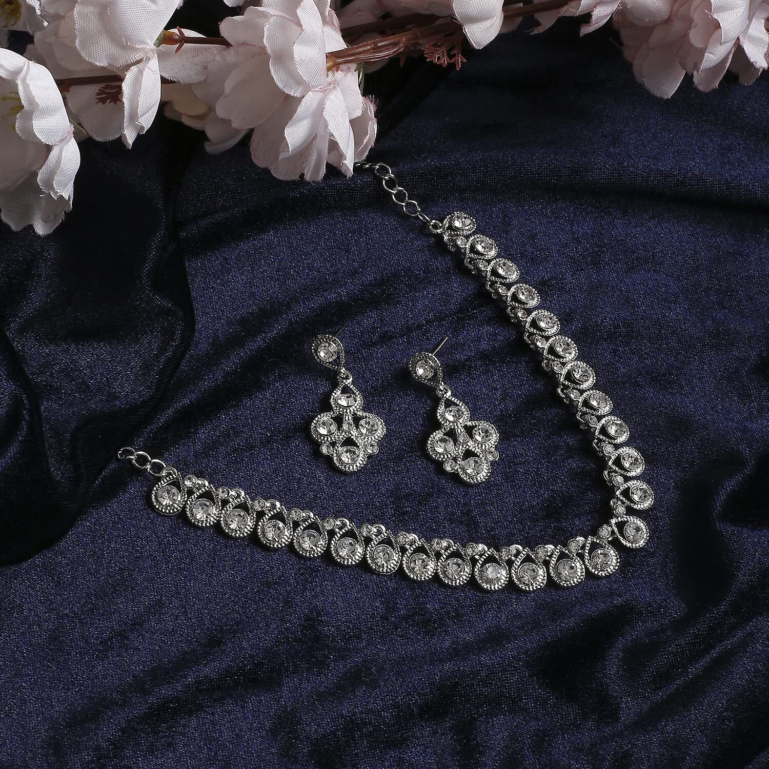 Atasi International Womens Silver Plated American Diamond Necklace/Jewellery Set with Earrings (R5461)