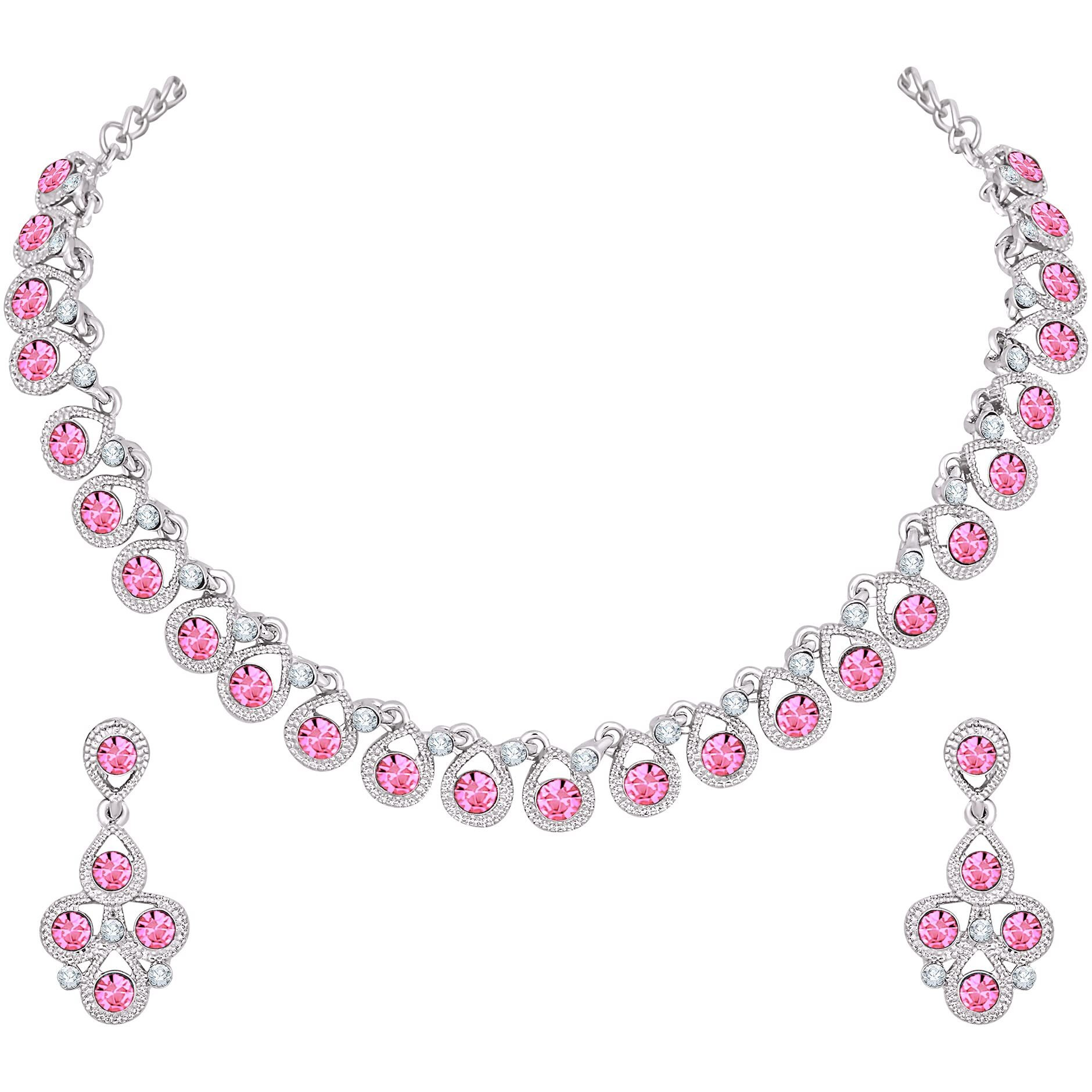 Atasi International Pink Diamond Silver Plated Alloy Necklace Set with Earrings For Women (RP5461)
