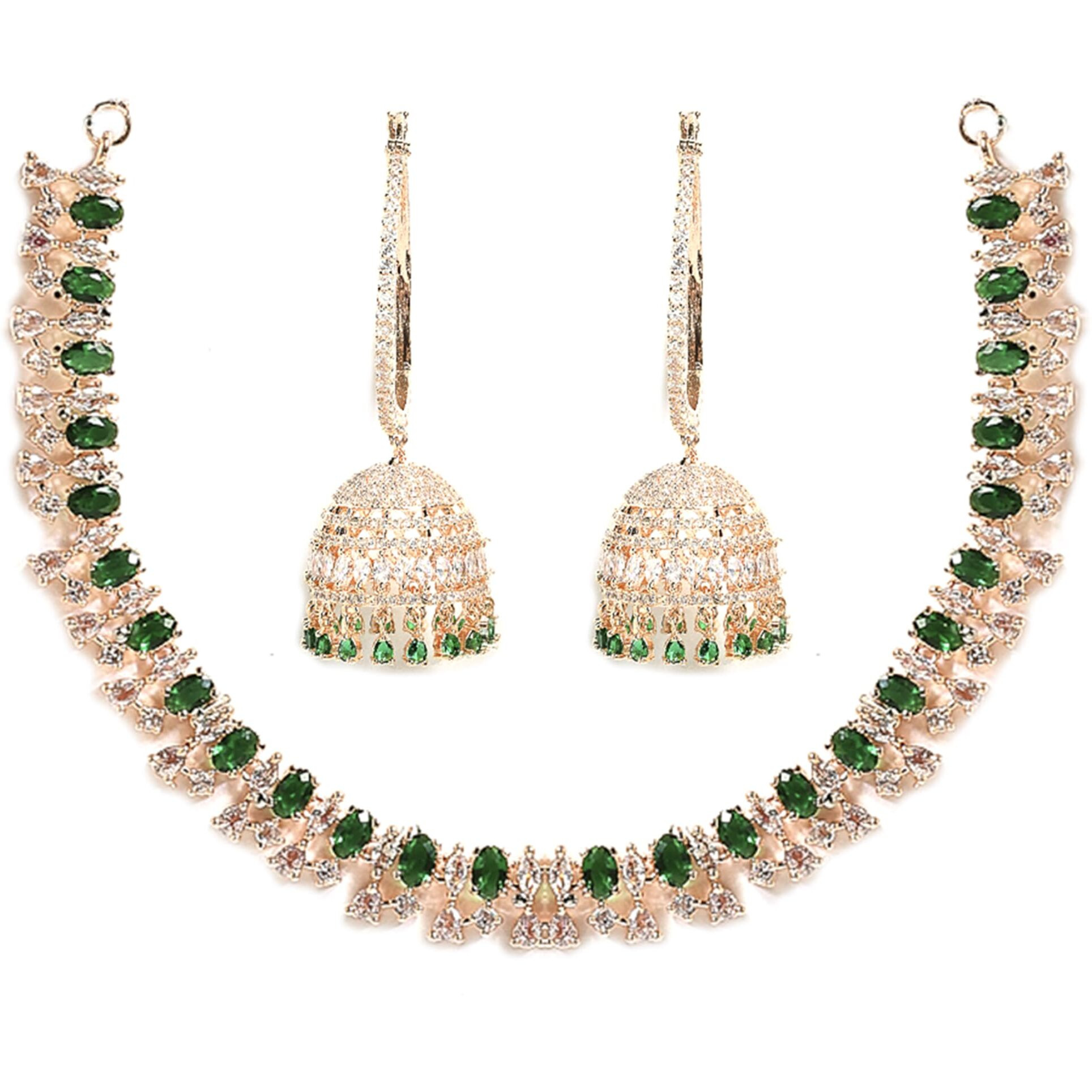 ZENEME Rhodium Plated Silver Toned White American Diamond Studded Necklace With Earring Jewellery Set For Woment and Girl (Rose Gold Pink)