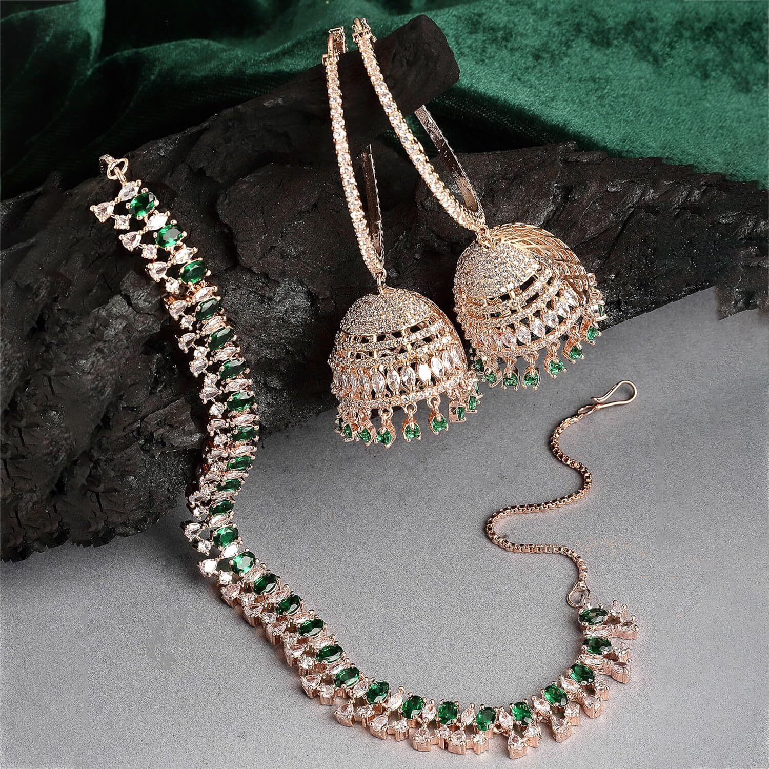ZENEME Rhodium Plated Silver Toned White American Diamond Studded Necklace With Earring Jewellery Set For Woment and Girl (Rose Gold Pink)