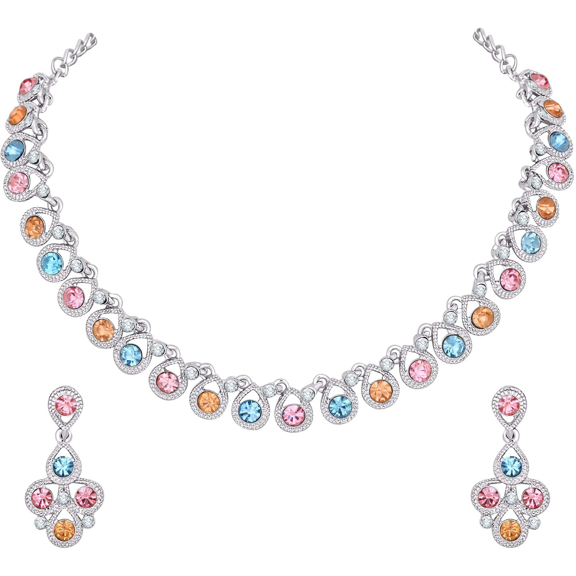 Atasi International Silver-Plated Multicolor Crystals Diamond Necklace/Jewellery Set with Earrings For Women (RML5461)