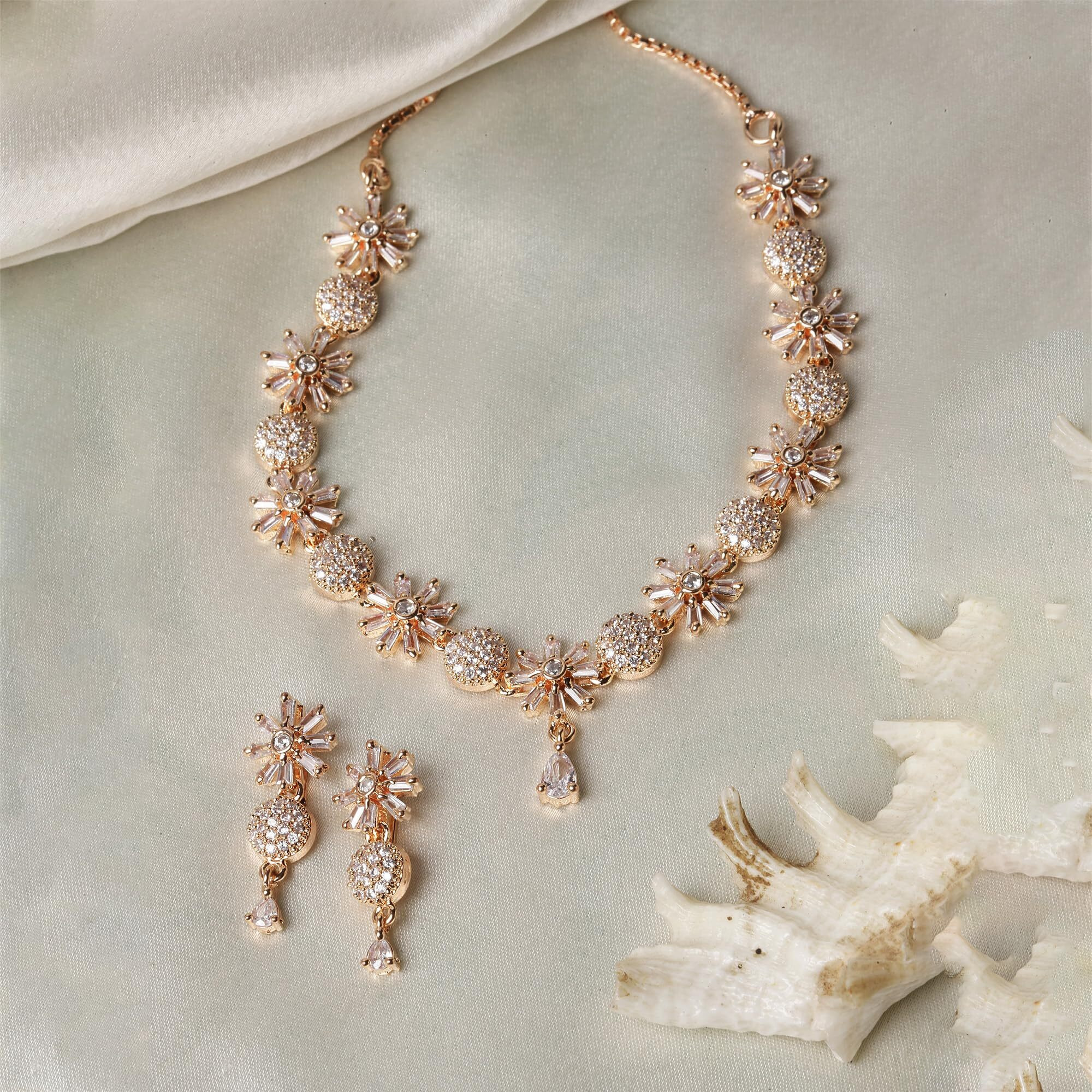 ZENEME Rhodium Plated Silver Toned White American Diamond Studded Necklace With Earring Jewellery Set For Woment and Girl (Rose Gold)
