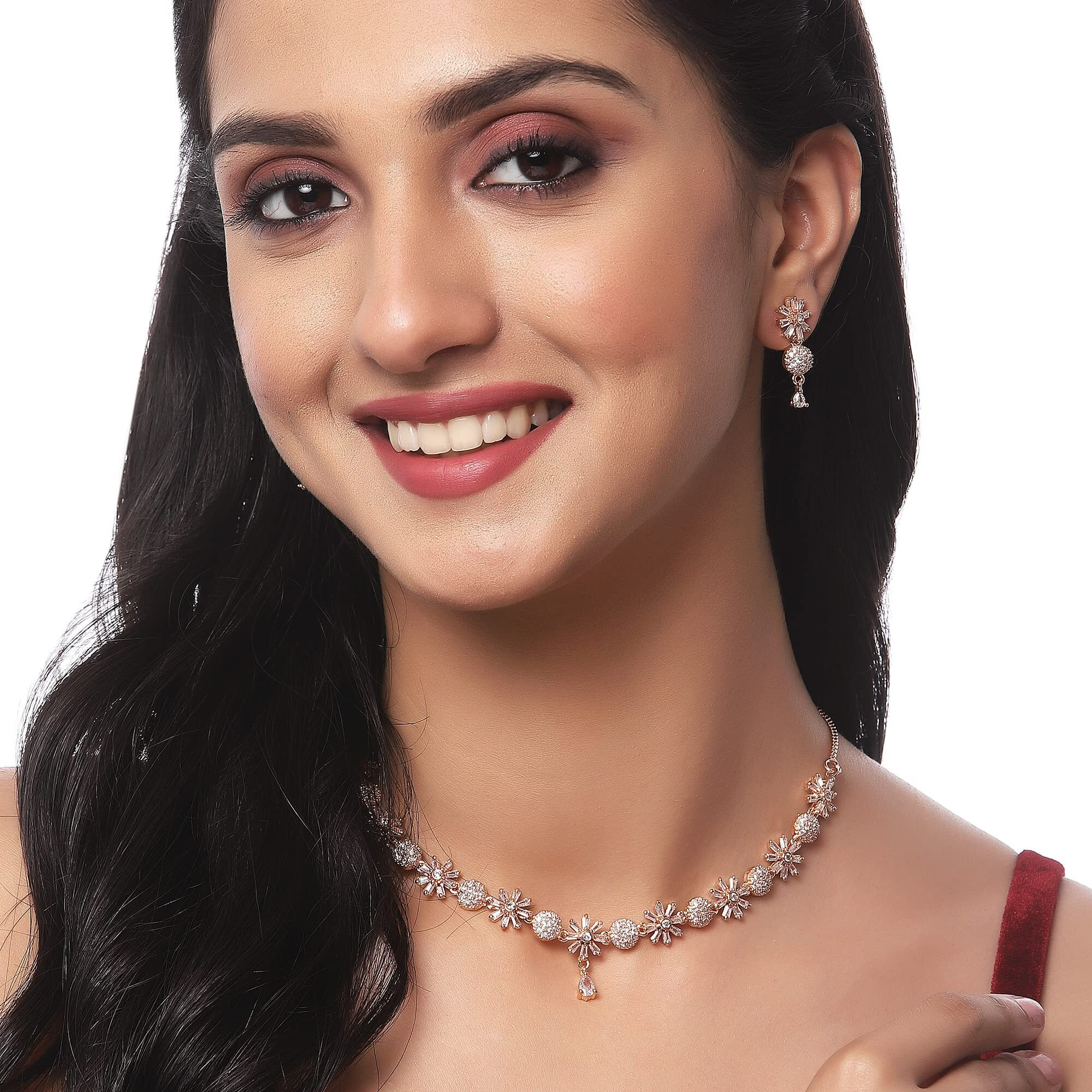 ZENEME Rhodium Plated Silver Toned White American Diamond Studded Necklace With Earring Jewellery Set For Woment and Girl (Rose Gold)