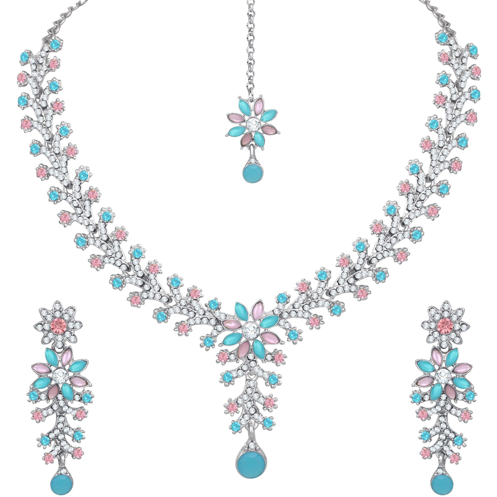 Atasi International Silver Plated Multi Color Crystals AD Diamond Necklace Jewellery Set for Women, Girls for Wedding, Festive, Party, Ocassion Wear (RML1965)