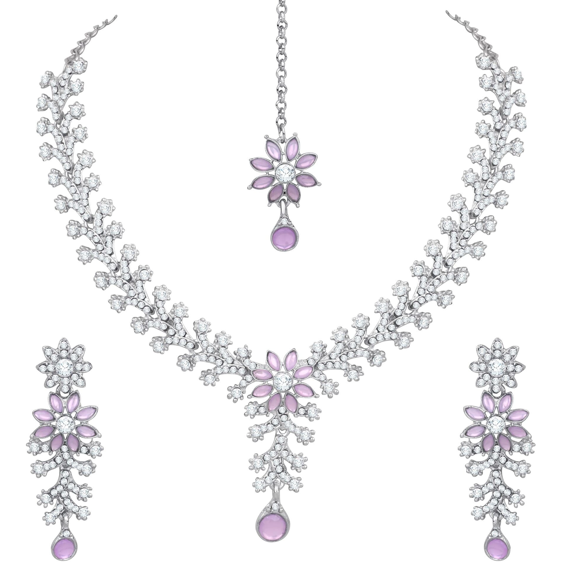 Atasi International Silver Plated Purple Crystals Ad Diamond Necklace Set With Earrings And Maang Tikka, Suitable For Bridal, Wedding, Party (Rpu1965, Womens)