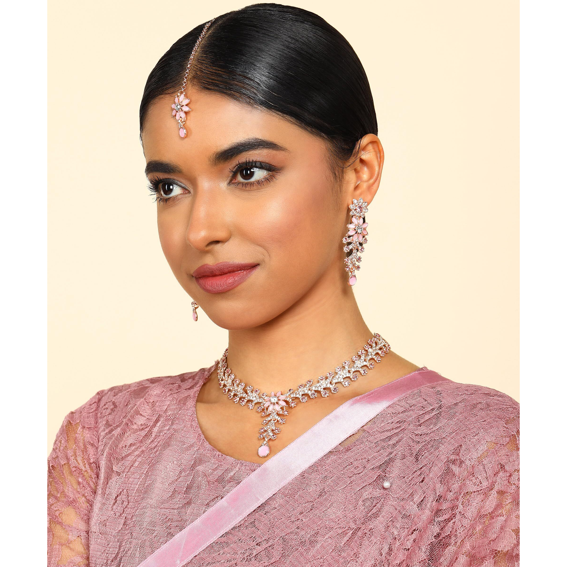 Atasi International Rose Gold Plated Mint Pink Diamond Necklace/Jewellery Set for Women with Earrings and Maang Tikka (RGP1965)
