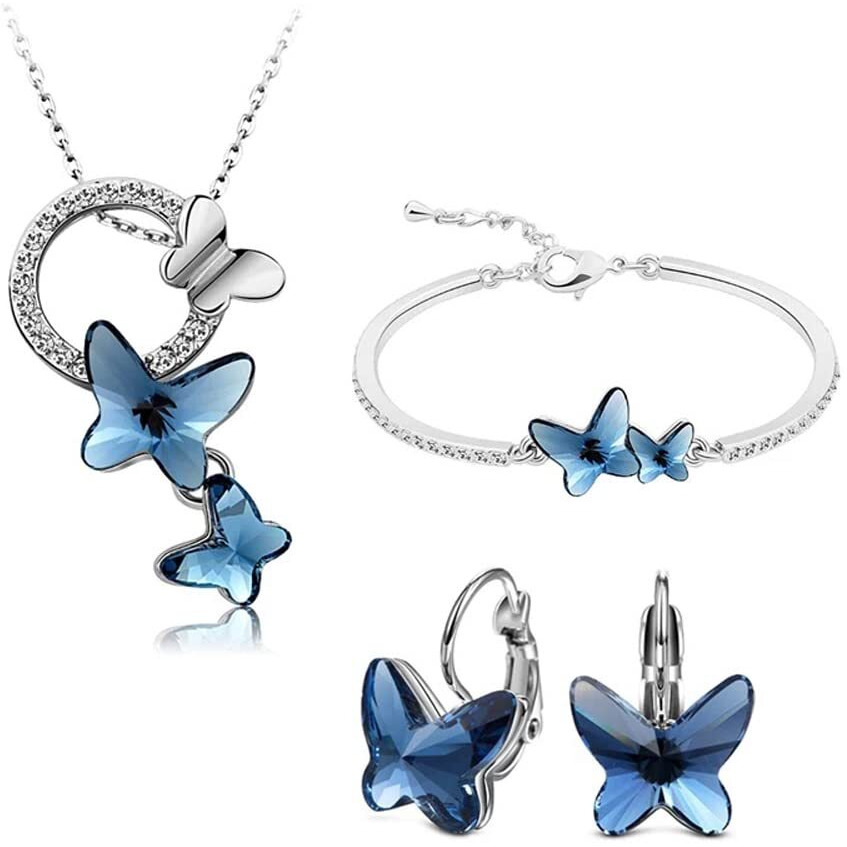 Valentine Gift By Shining Diva Italian Designer Platinum Plated Crystal Butterfly Earrings Chain Pendant Necklace Combo Jewellery Set for Women and Girls (Blue) (14603s)