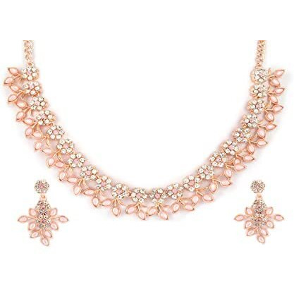 Atasi International Peach Color Gold Plated Crystal Necklace Jewellery Set with Earrings for Women Ideal for Party, Wedding, Festivals (MP5484)