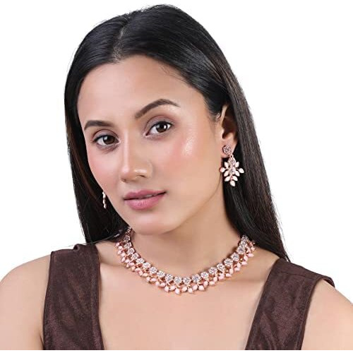 Atasi International Peach Color Gold Plated Crystal Necklace Jewellery Set with Earrings for Women Ideal for Party, Wedding, Festivals (MP5484)