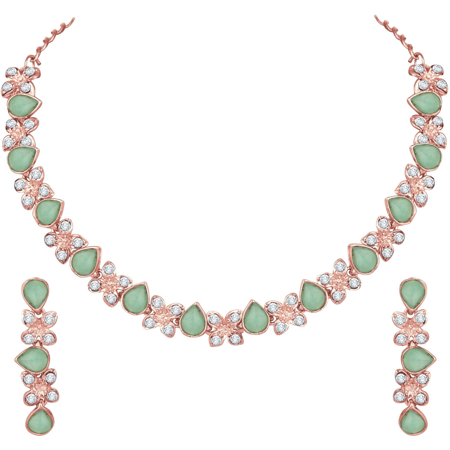 Atasi International Gold Plated Mint Green Cystals American Diamond Necklace Jewellery Set with Earrings for Women Suited for Party, Wedding, Engagement (MG1778)