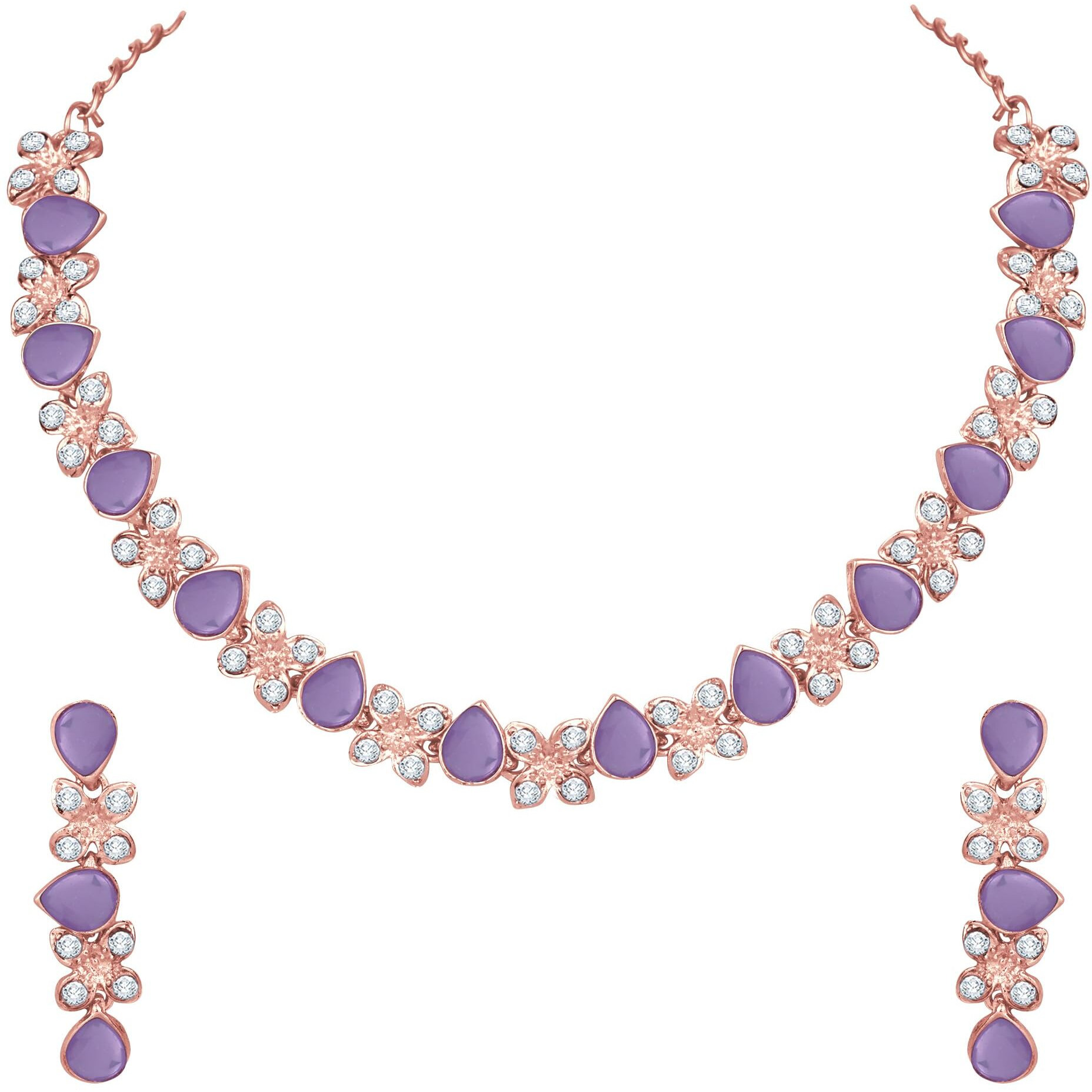 Atasi International Gold Plated Purple Cystals American Diamond Necklace Jewellery Set with Earrings for Women Suited for Party, Wedding, Engagement (PU1778)