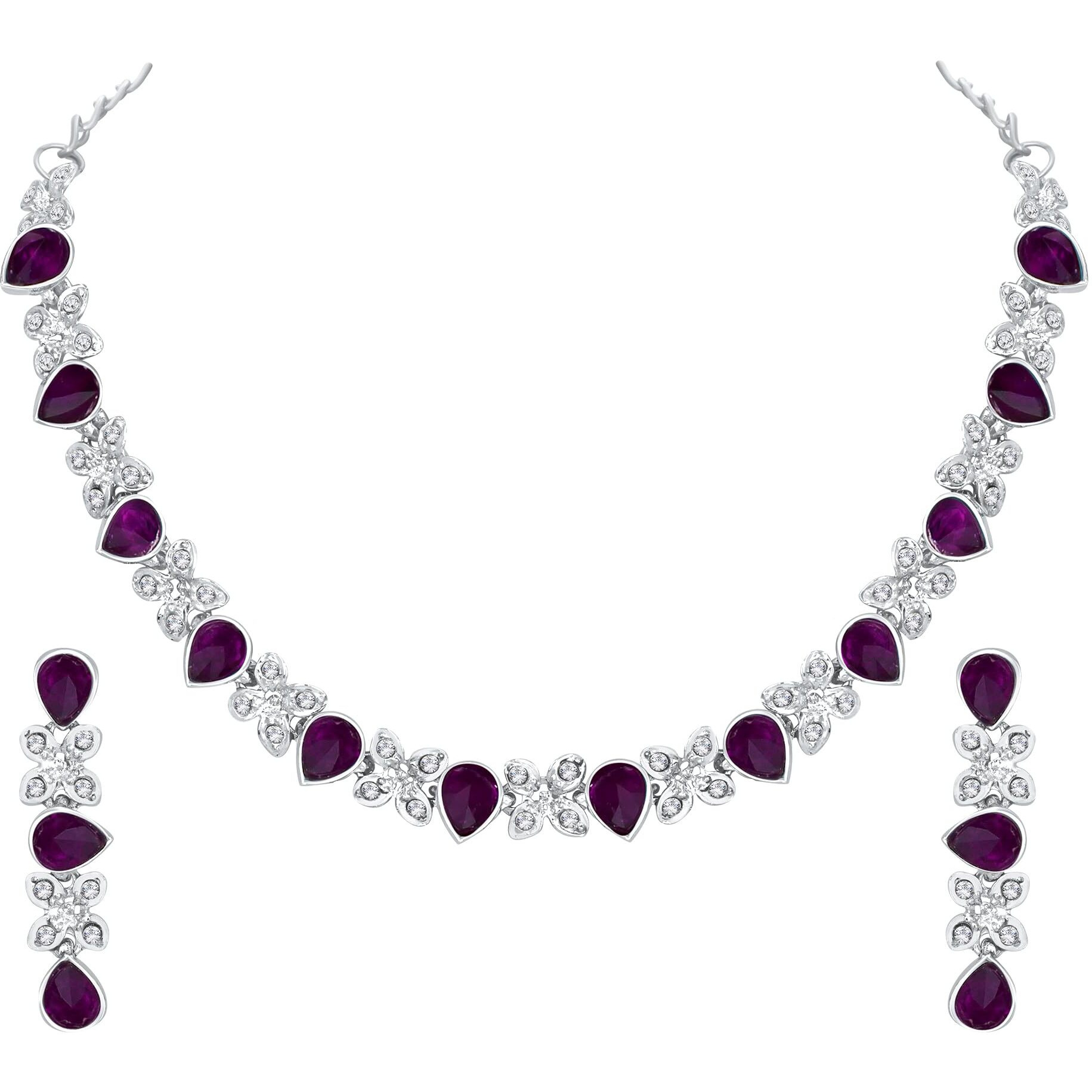 Atasi International Excellent Flower Design Silver Plated Alloy Princess Style Necklace Set for Women (PURPLE)