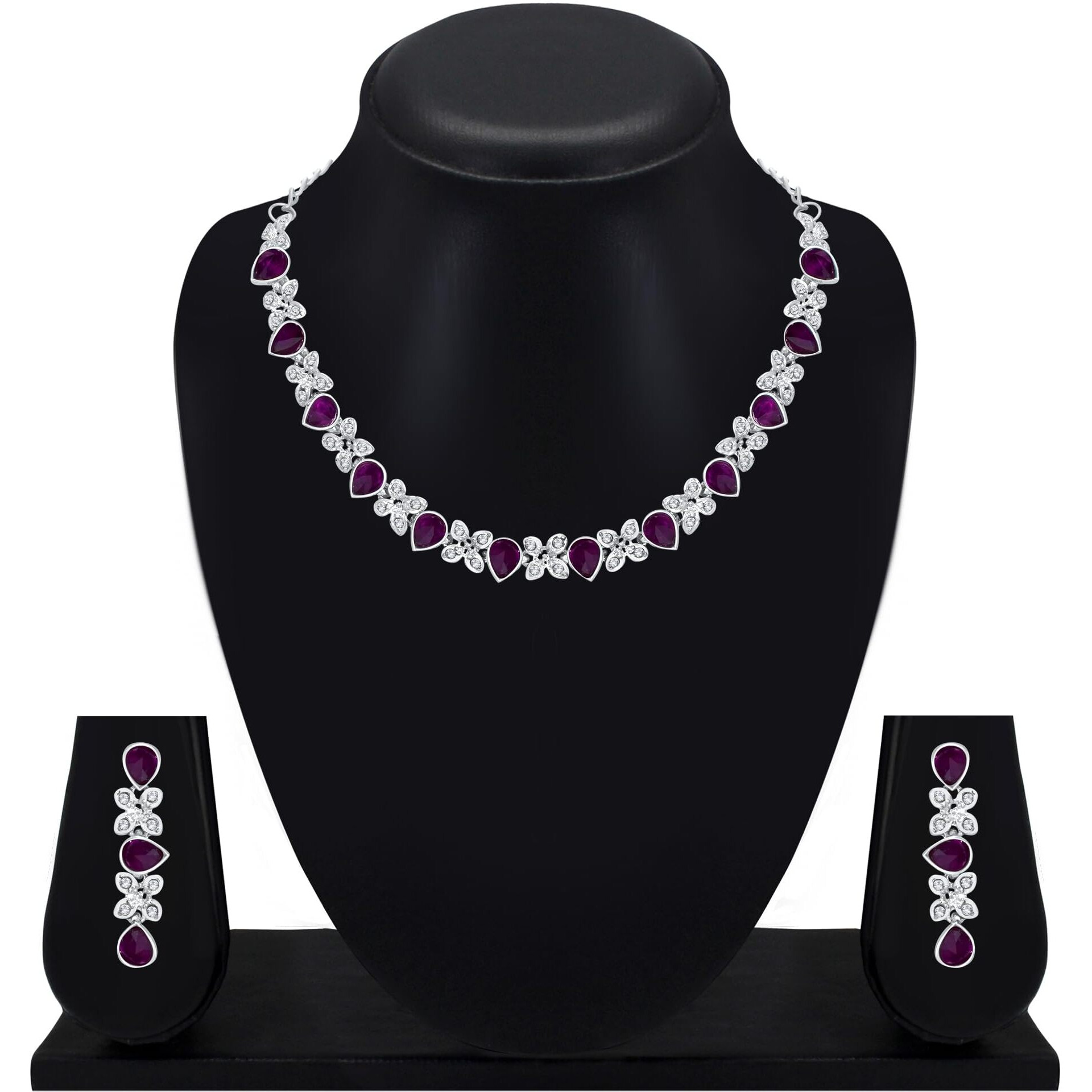 Atasi International Excellent Flower Design Silver Plated Alloy Princess Style Necklace Set for Women (PURPLE)