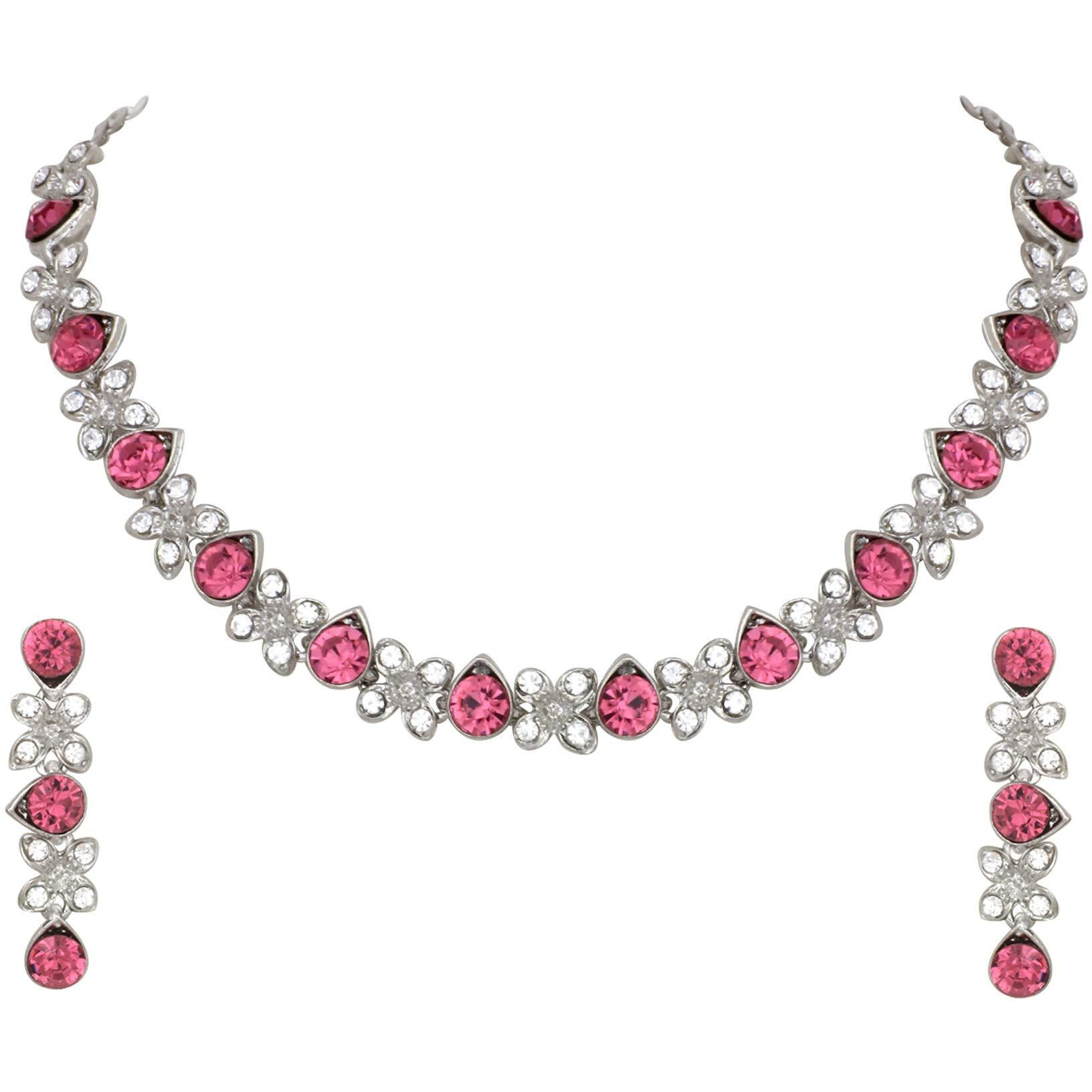 Atasi International Silver Plated Pink Princess Style Necklace Set with AD Crystals for Women - Jewellery Collection for Weddings, Parties, and Festivals (RP1778)