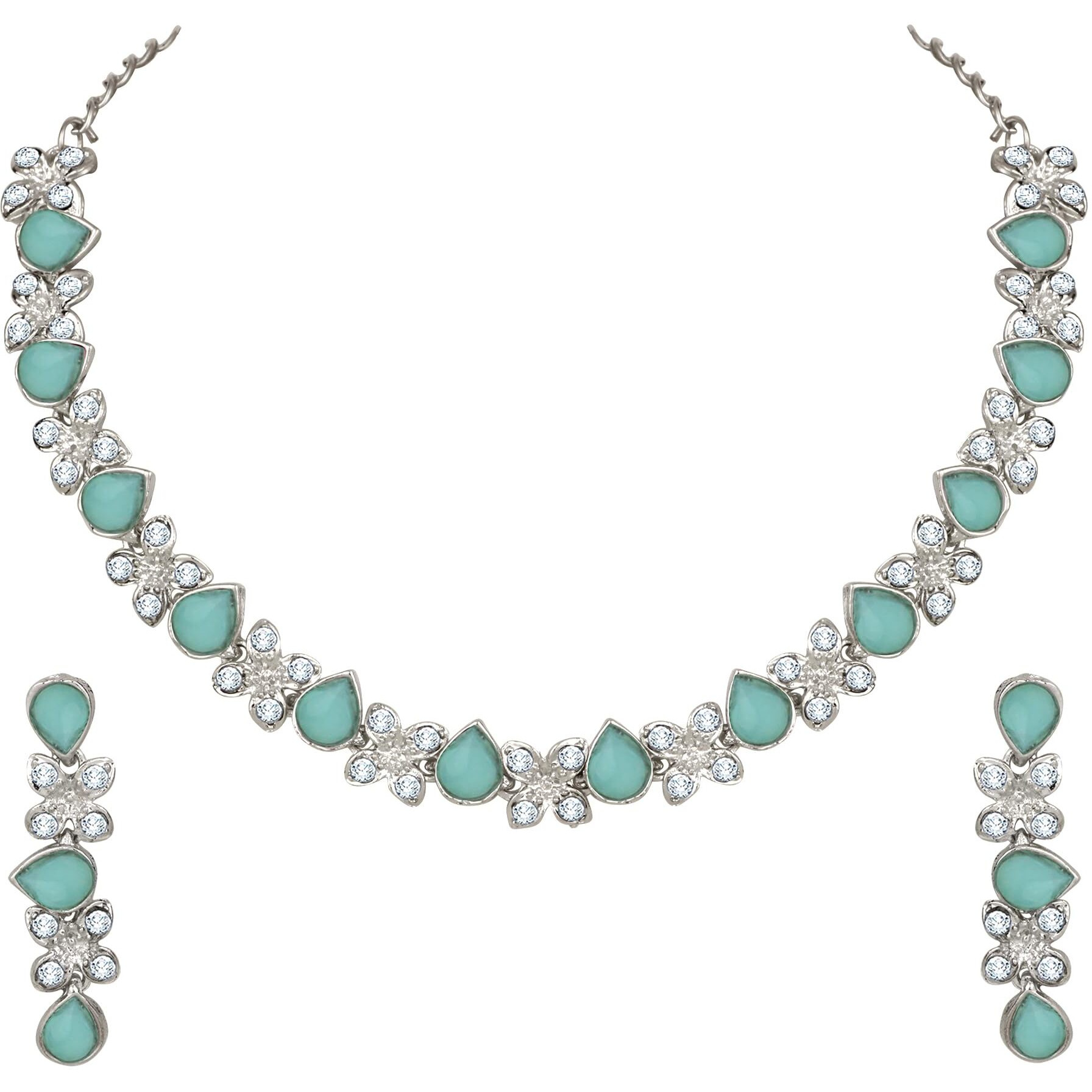 Atasi International Silver Plated Mint Green Crystals AD Diamond Jewellery Necklace Set for Women and Girls (RMNG1778)