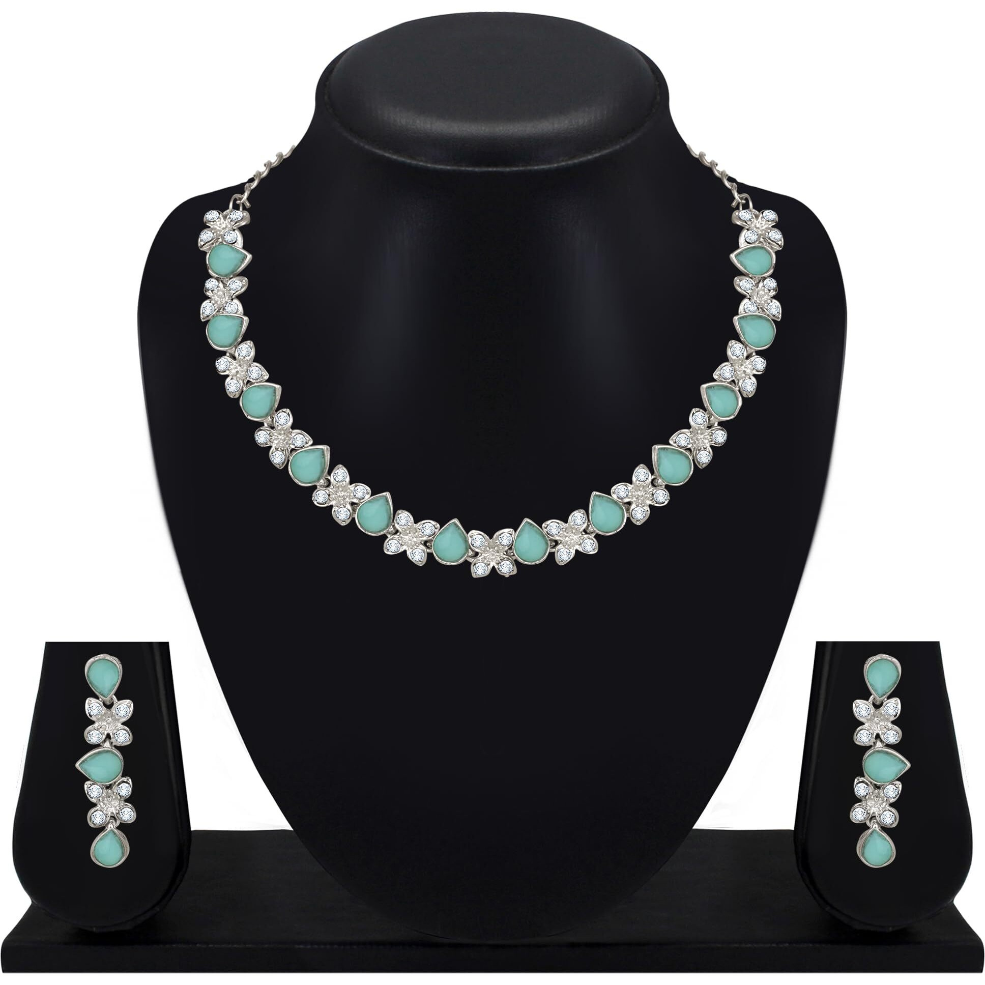 Atasi International Silver Plated Mint Green Crystals AD Diamond Jewellery Necklace Set for Women and Girls (RMNG1778)