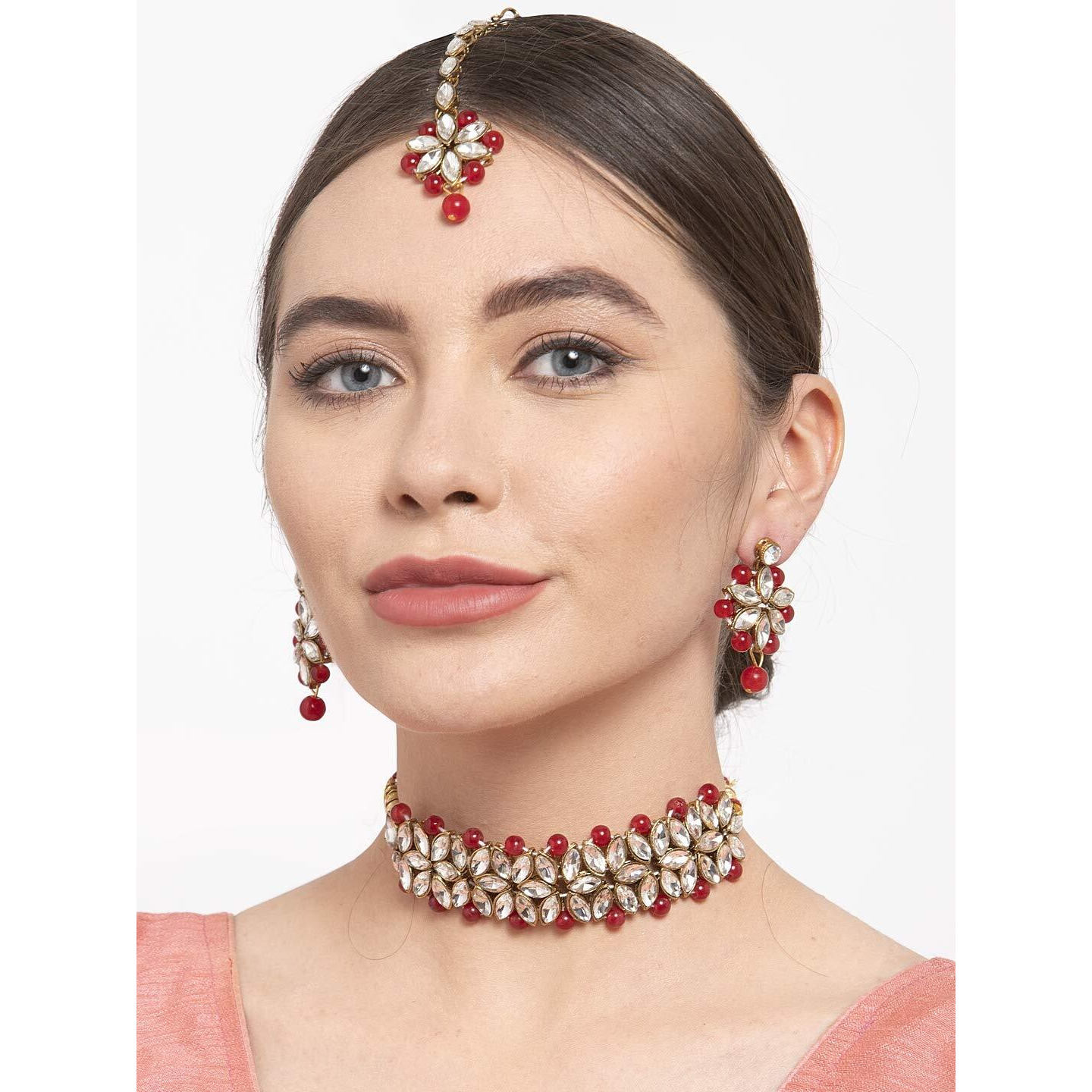 Shining Diva Fashion Latest Choker Design Kundan Traditional Necklace Jewellery Set for Women (Red) (11276s)