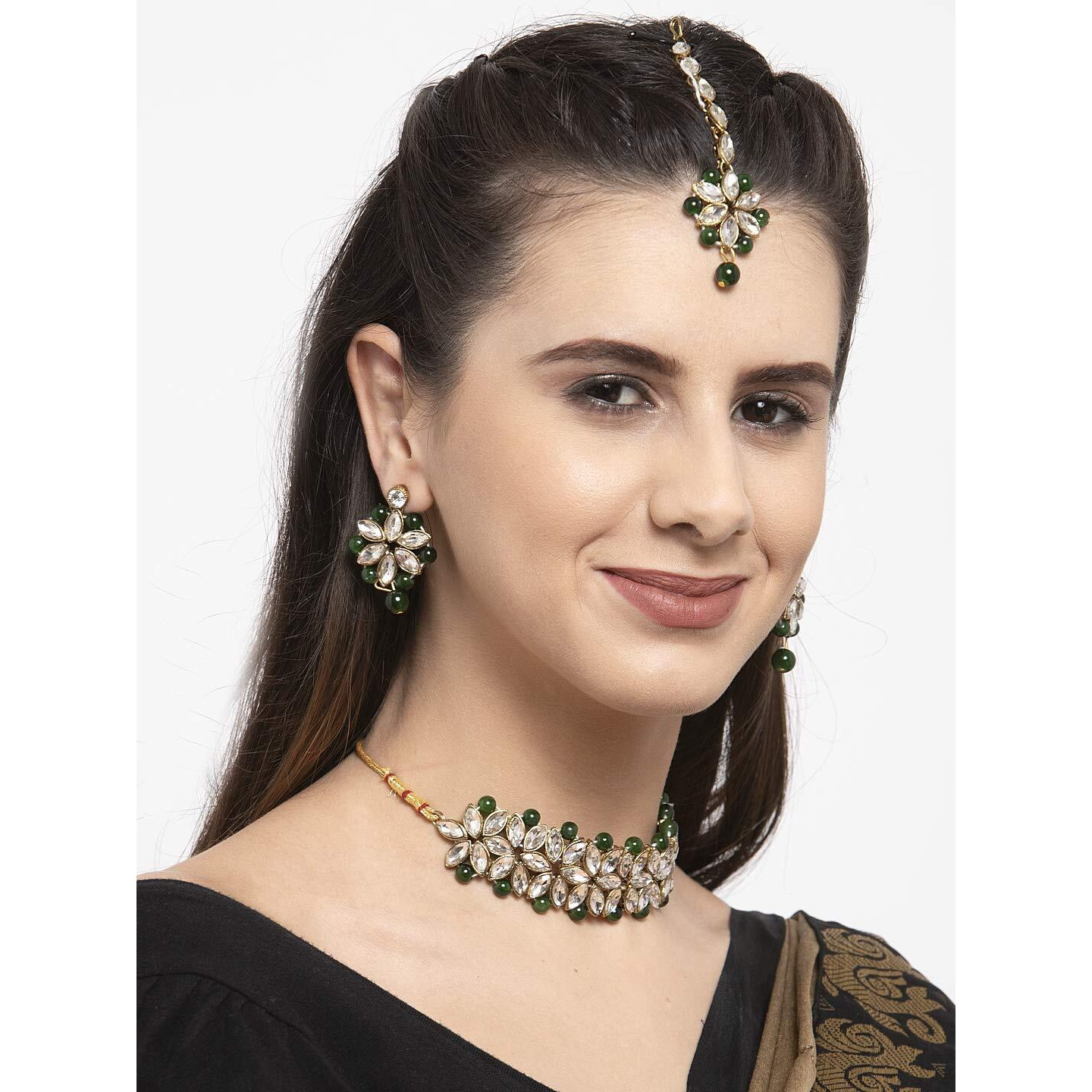 Shining Diva Fashion Latest Choker Design Kundan Traditional Necklace Jewellery Set for Women (Green) (11277s)