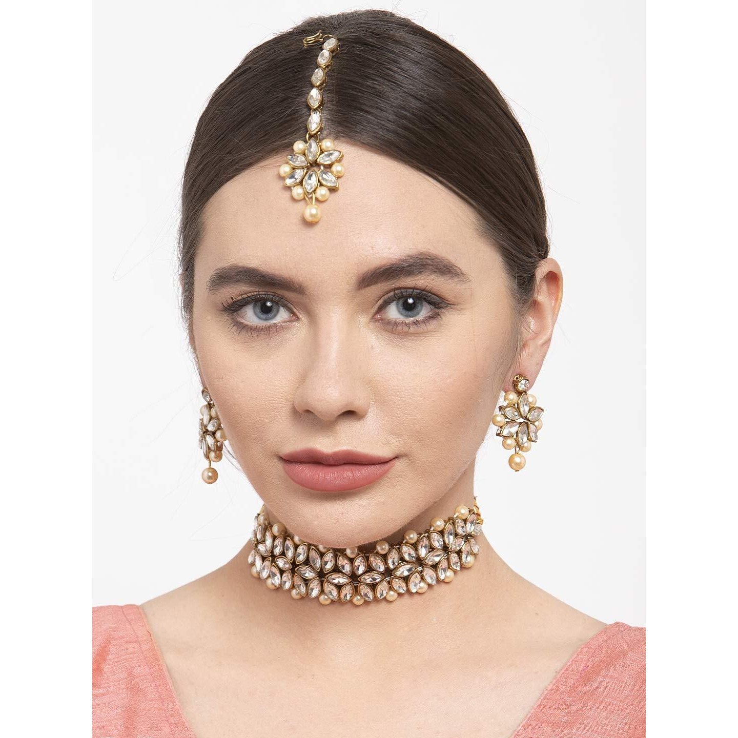 Shining Diva Fashion Latest Choker Design Kundan Traditional Necklace Jewellery Set for Women (Cream) (11278s)