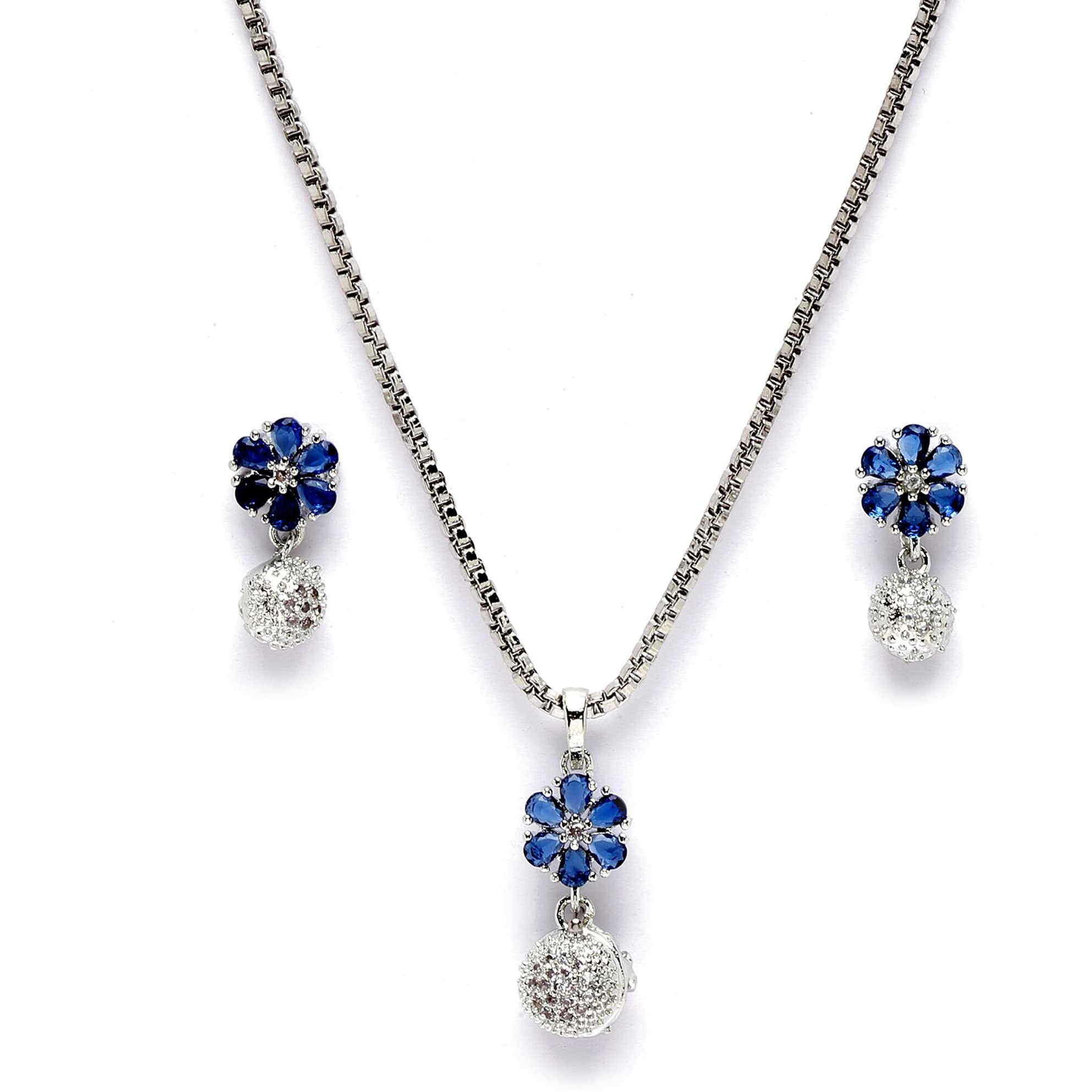 ZENEME Rhodium-Plated Silver Toned Green Cubic Zirconia studded Floral Shaped Cute Pendant with Earrings Jewellery Set for Girls and Women (Green) (Blue)