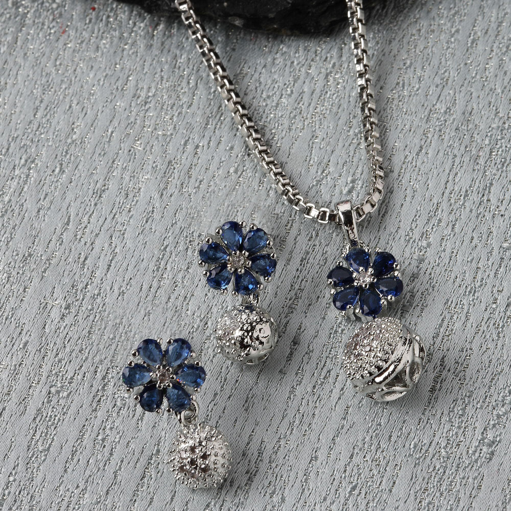 ZENEME Rhodium-Plated Silver Toned Green Cubic Zirconia studded Floral Shaped Cute Pendant with Earrings Jewellery Set for Girls and Women (Green) (Blue)