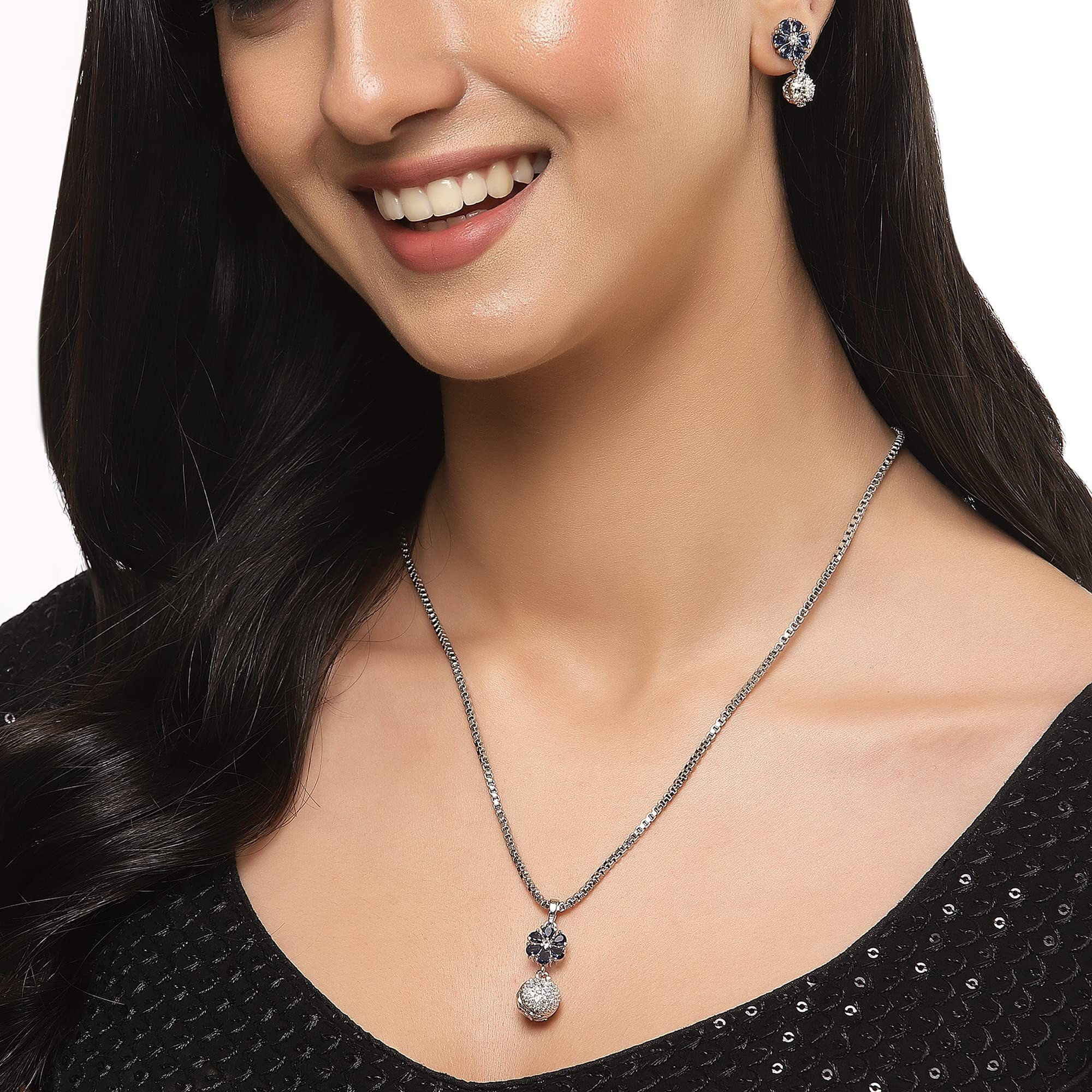ZENEME Rhodium-Plated Silver Toned Green Cubic Zirconia studded Floral Shaped Cute Pendant with Earrings Jewellery Set for Girls and Women (Green) (Blue)