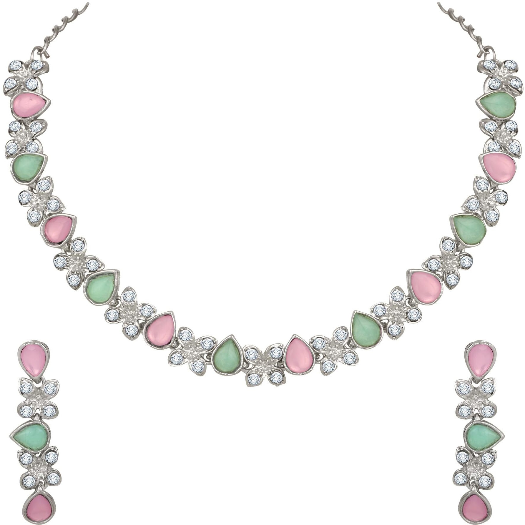 Atasi International Silver Mint Pink & Green Diamond Sylish Necklace Set For Women & Girls (RPG1778)