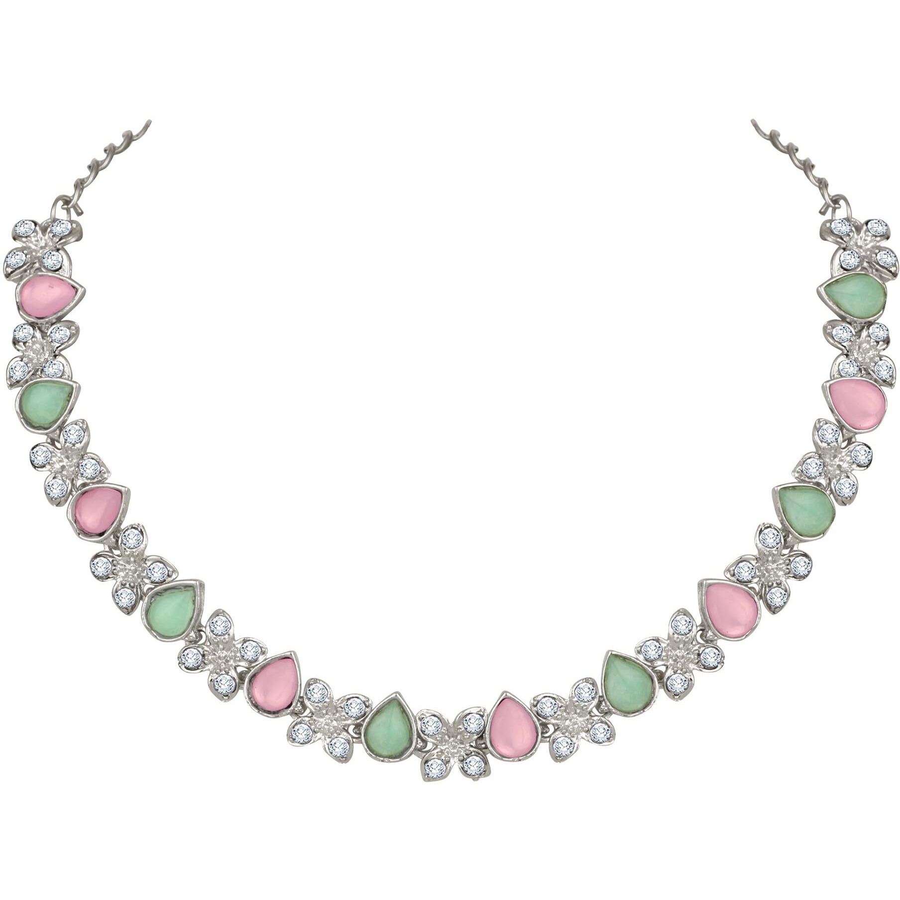 Atasi International Silver Mint Pink & Green Diamond Sylish Necklace Set For Women & Girls (RPG1778)