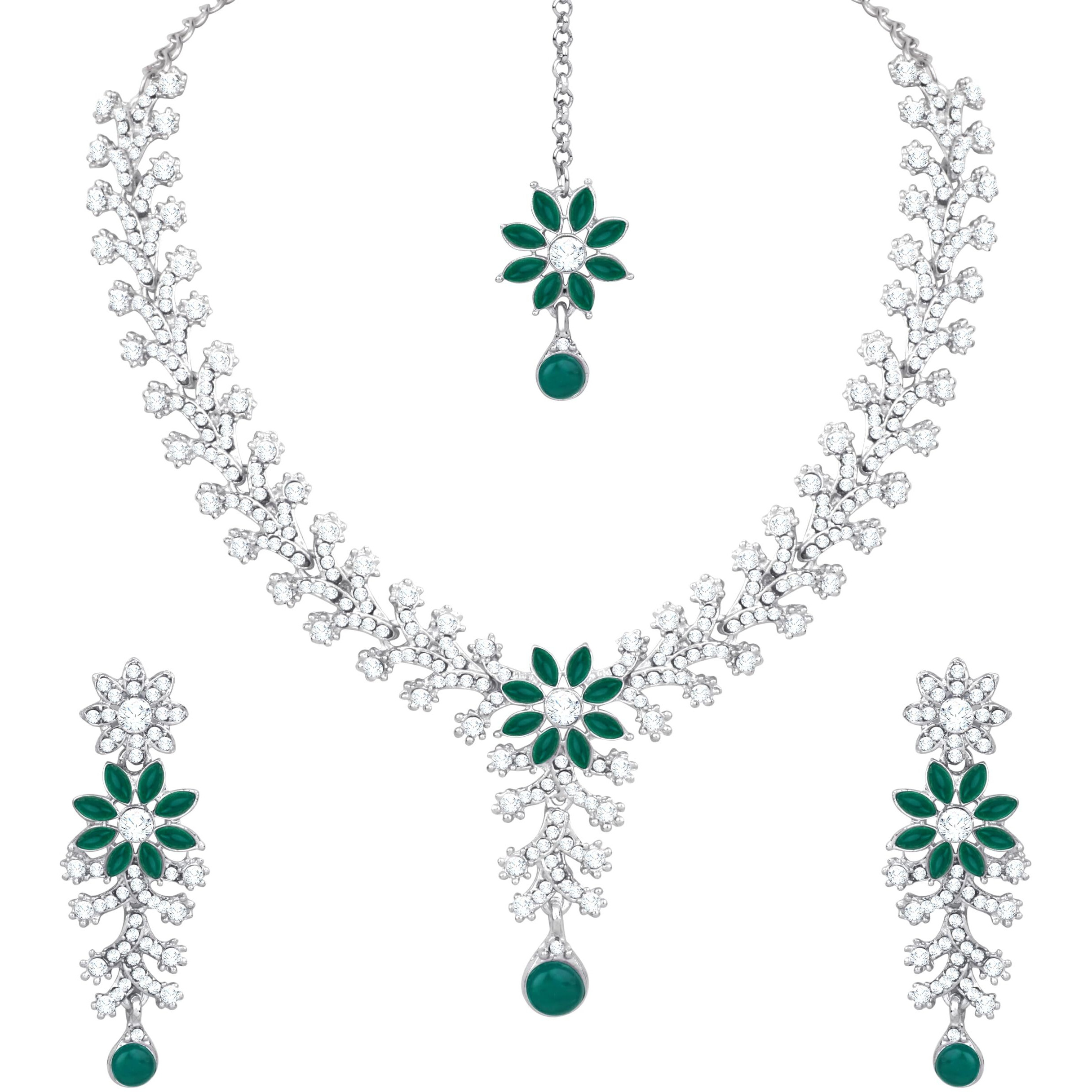Atasi International Silver Tone Green & White Crystals Rhodium Plated Alloy Choker Necklace Set For Women