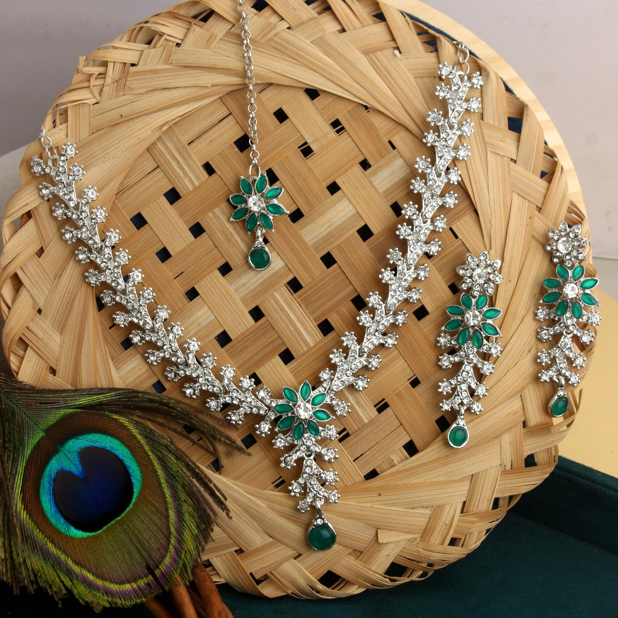 Atasi International Silver Tone Green & White Crystals Rhodium Plated Alloy Choker Necklace Set For Women