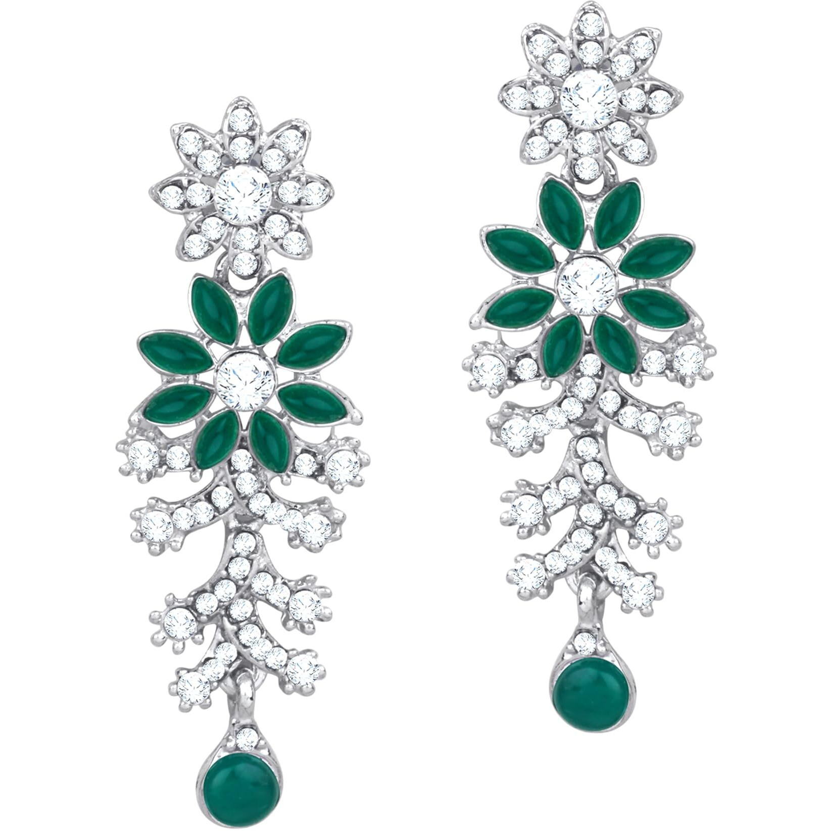 Atasi International Silver Tone Green & White Crystals Rhodium Plated Alloy Choker Necklace Set For Women
