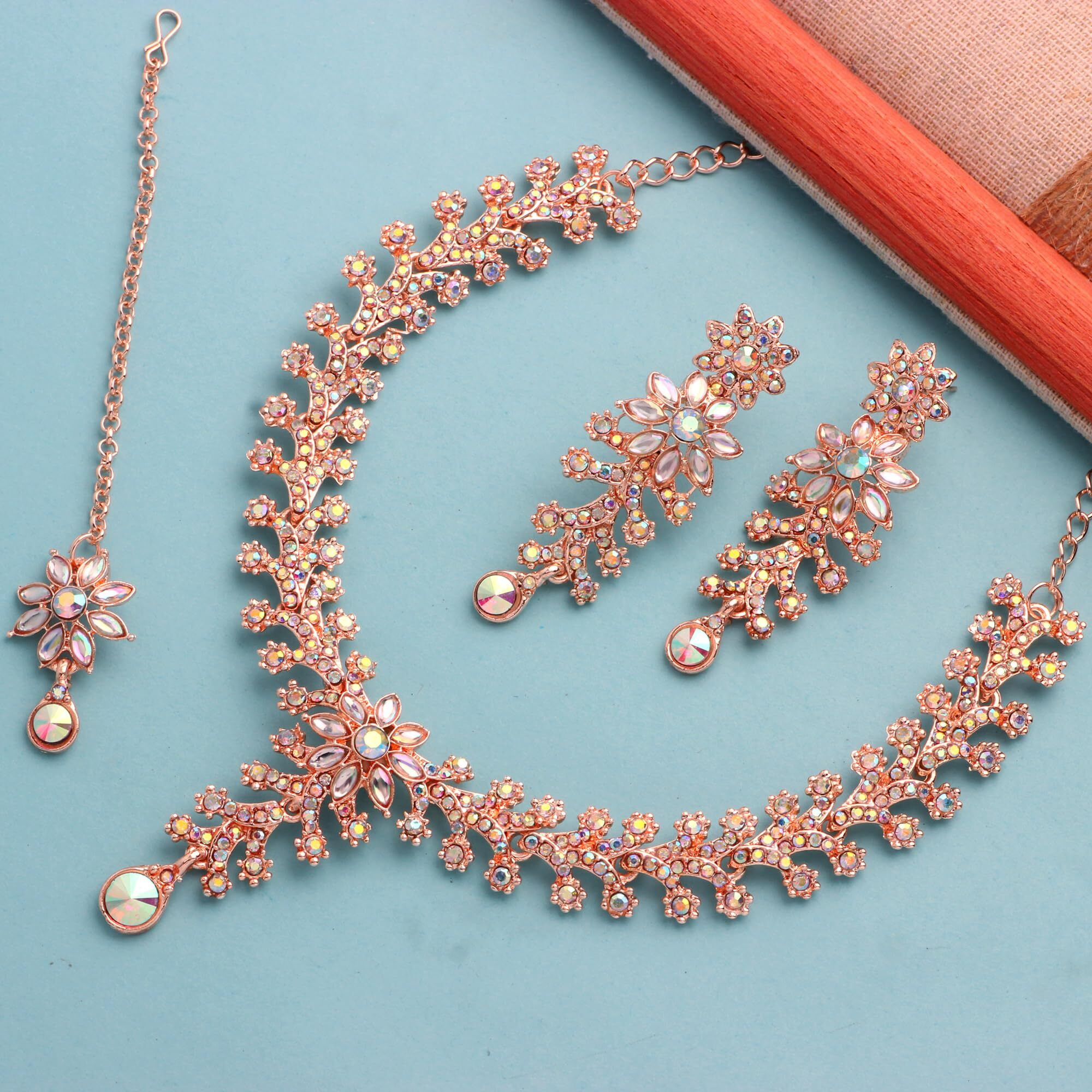 Atasi International Rose Gold Plated Rainbow Colors Diamond Necklace/Jewellery Set for Women with Earrings and Maang Tikka (RNB1965)