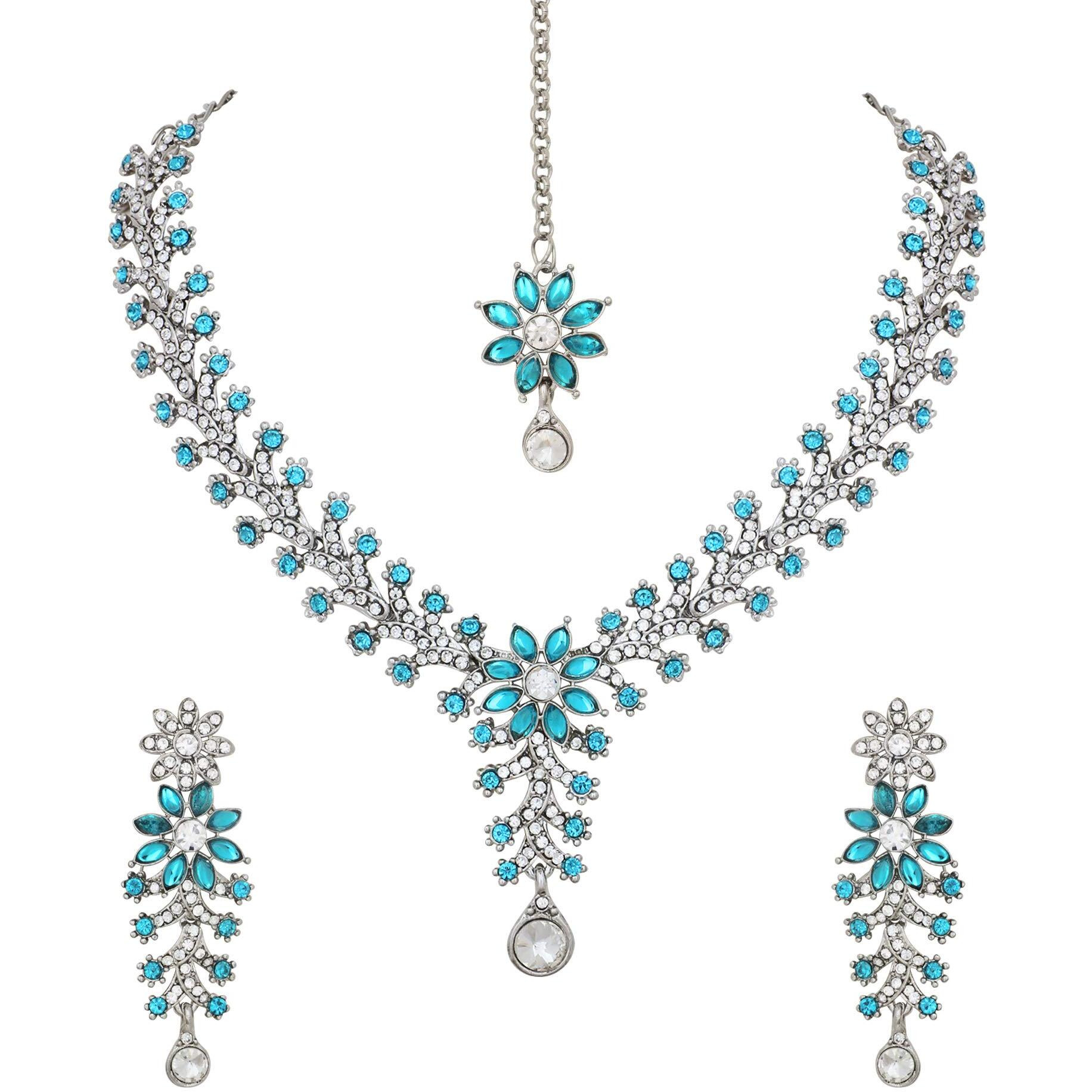 Atasi International Silver Plated Blue Diamond Necklace Jewellery Set for Women (RF1965)