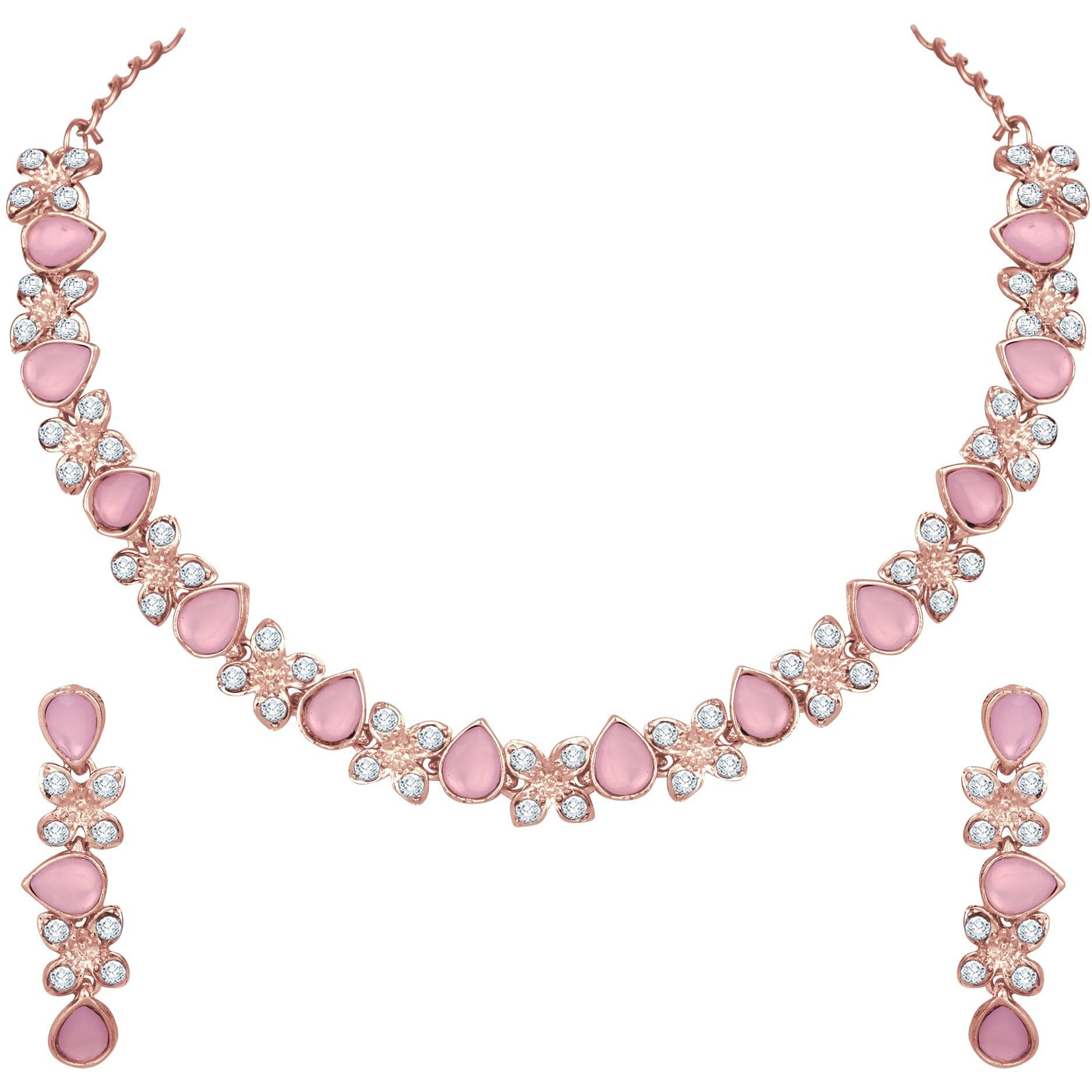 Atasi International Gold Plated Mint Pink Cystals American Diamond Necklace Jewellery Set with Earrings for Women Suited for Party, Wedding, Engagement (MNP1778)