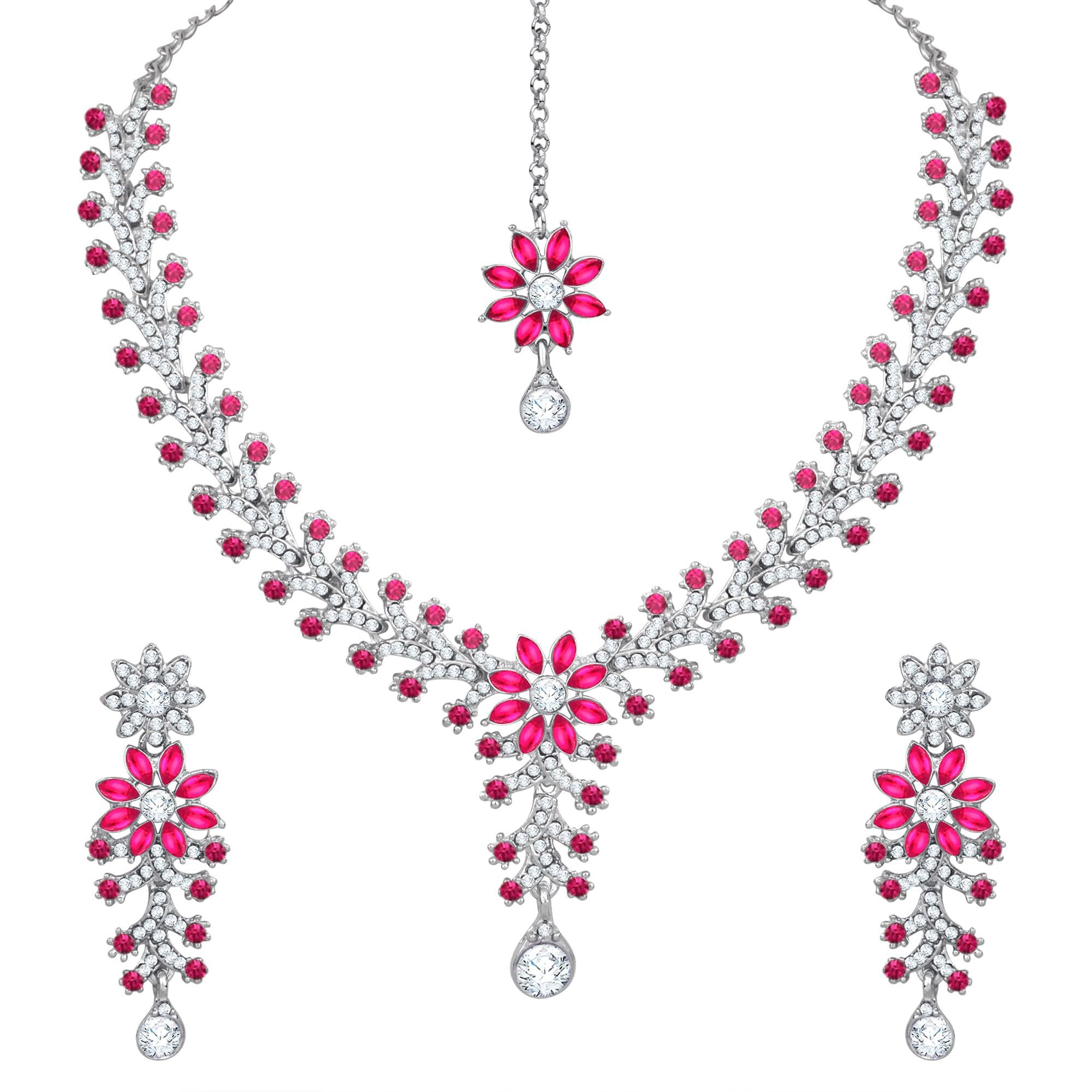 Atasi International Silver Plated Dark Pink Crystals AD Diamond Necklace Jewellery Set for Women, Girls for Wedding, Festive, Party, Ocassion Wear (RR1965)