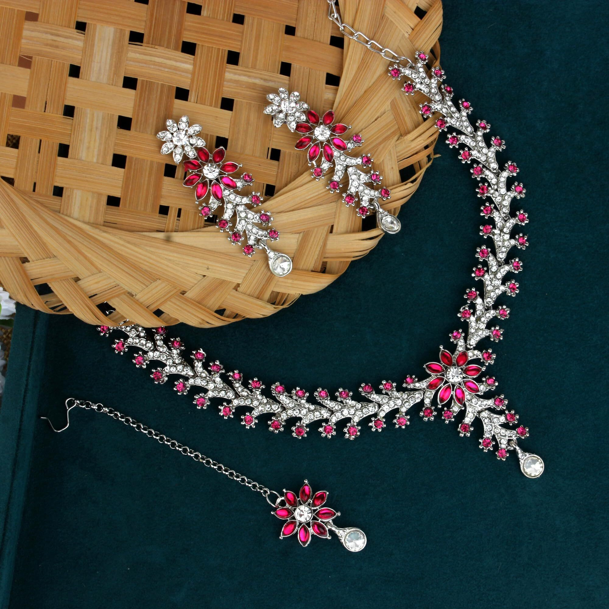 Atasi International Silver Plated Dark Pink Crystals AD Diamond Necklace Jewellery Set for Women, Girls for Wedding, Festive, Party, Ocassion Wear (RR1965)
