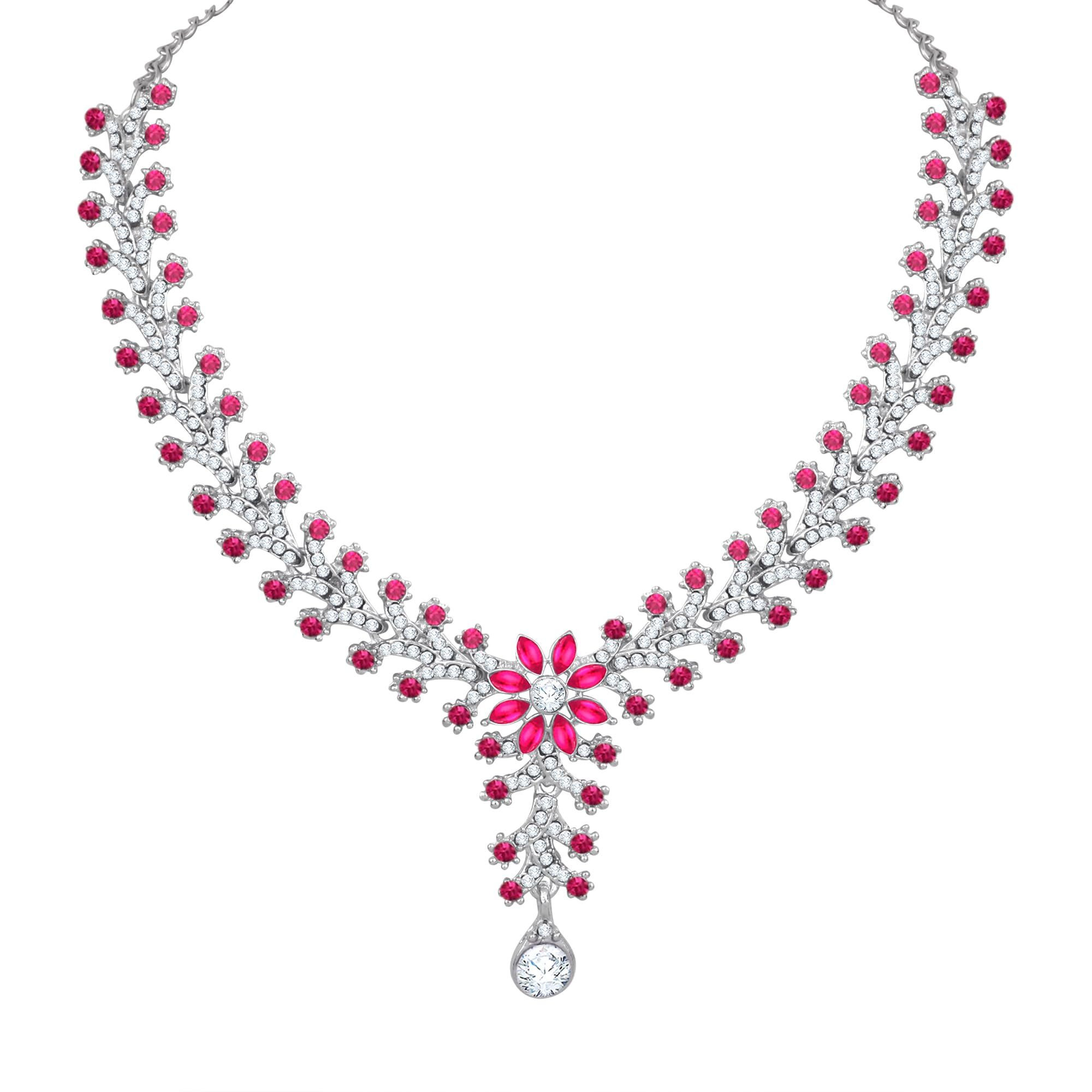 Atasi International Silver Plated Dark Pink Crystals AD Diamond Necklace Jewellery Set for Women, Girls for Wedding, Festive, Party, Ocassion Wear (RR1965)