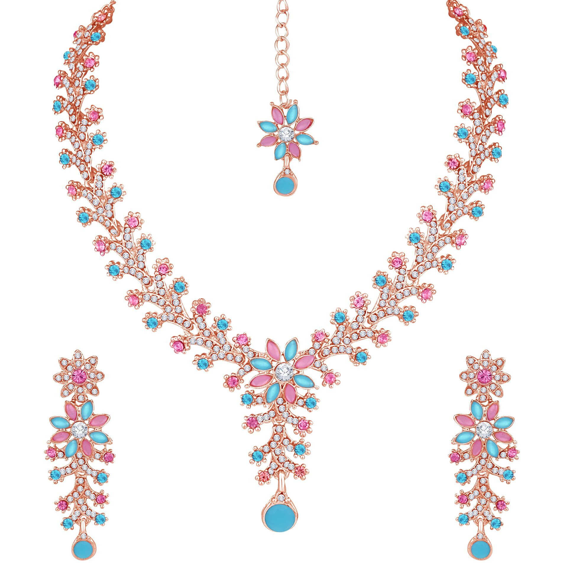 Atasi International Diamond Necklace Jewellery Set for Women with Earrings and Maang Tikka for Wedding, Party, Engagements & Festivals (Rose Gold Plated Multicolor)