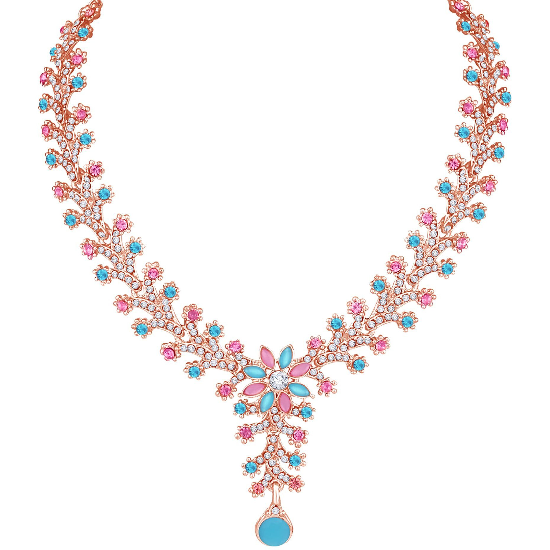Atasi International Diamond Necklace Jewellery Set for Women with Earrings and Maang Tikka for Wedding, Party, Engagements & Festivals (Rose Gold Plated Multicolor)