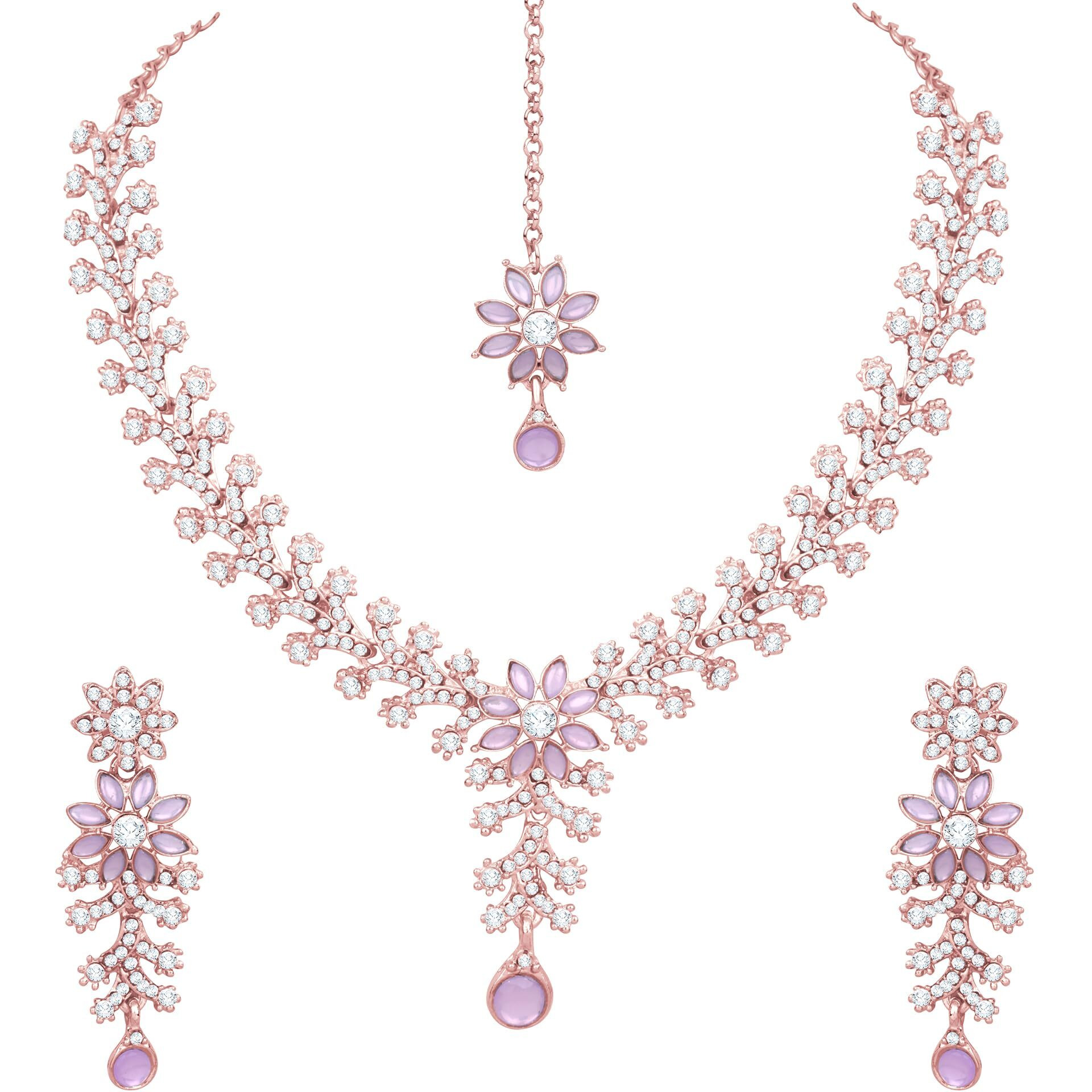 Atasi International Women Gold Plated Purple Crystals Ad Diamond Necklace Set With Earrings And Maang Tikka, Suitable For Bridal, Wedding, Party (Pu1965)