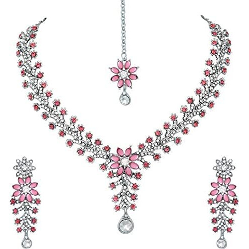 Atasi International Rhodium Plated Pink Diamond Necklace Jewelry Set for Women with Earrings, Maang Tikka  for Weddings, Parties, and Festivals (RP1965)
