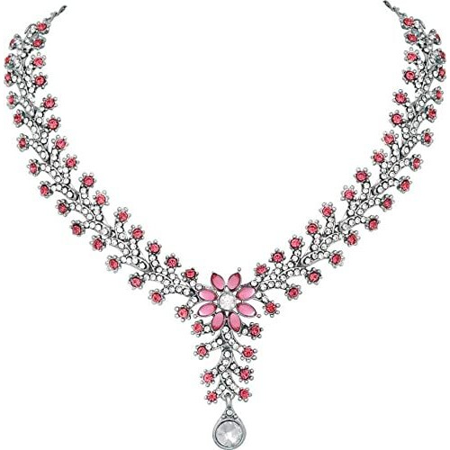 Atasi International Rhodium Plated Pink Diamond Necklace Jewelry Set for Women with Earrings, Maang Tikka  for Weddings, Parties, and Festivals (RP1965)
