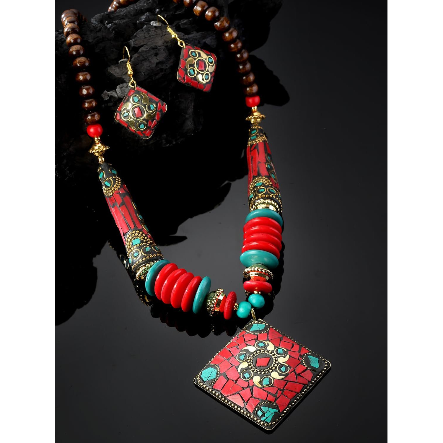 Shining Diva Fashion Latest Stylish Traditional Tibetan Pendant Necklace Jewellery Set for Women (rrsd15553s)