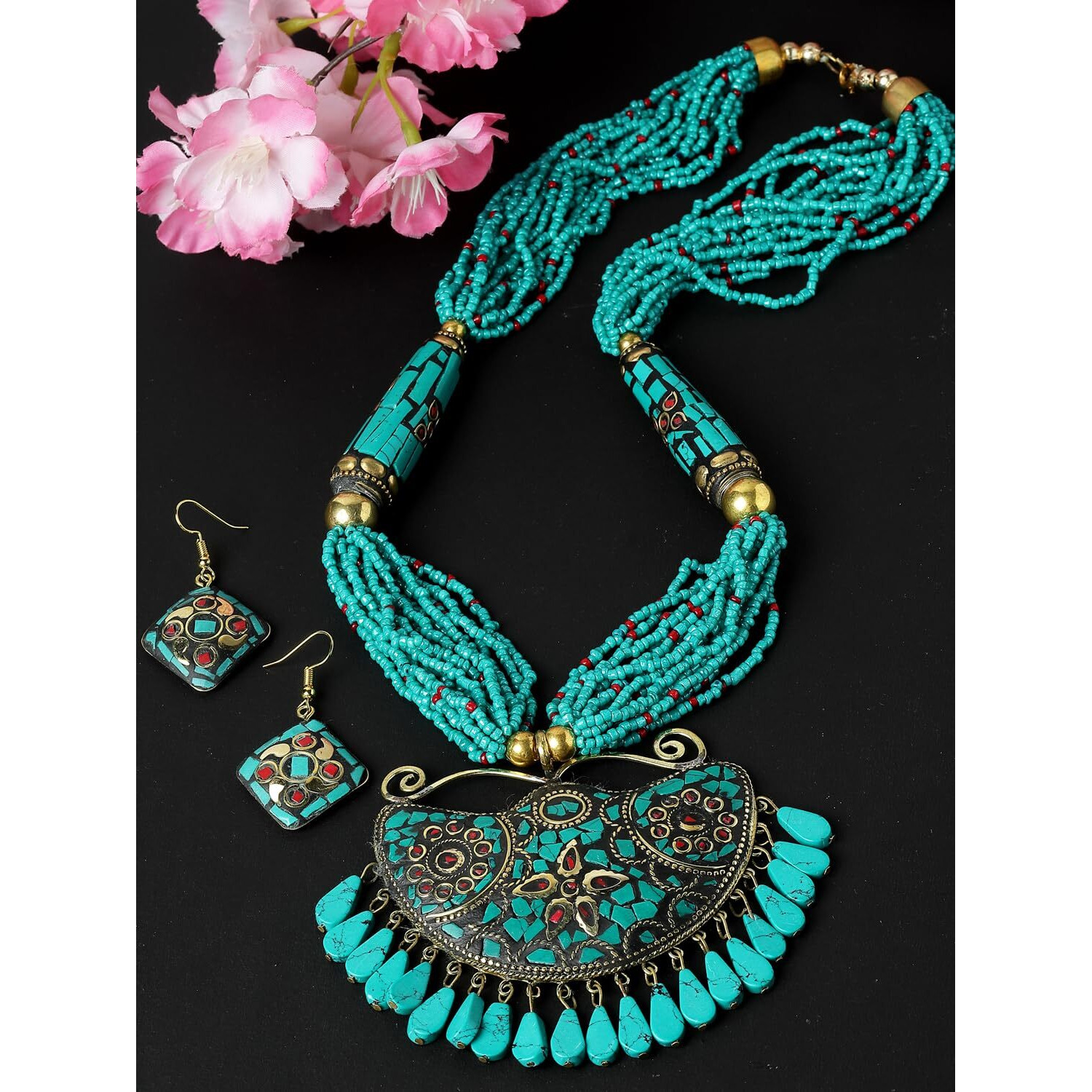 Shining Diva Fashion Latest Stylish Traditional Tibetan Pendant Necklace Jewellery Set for Women (rrsd15544s)