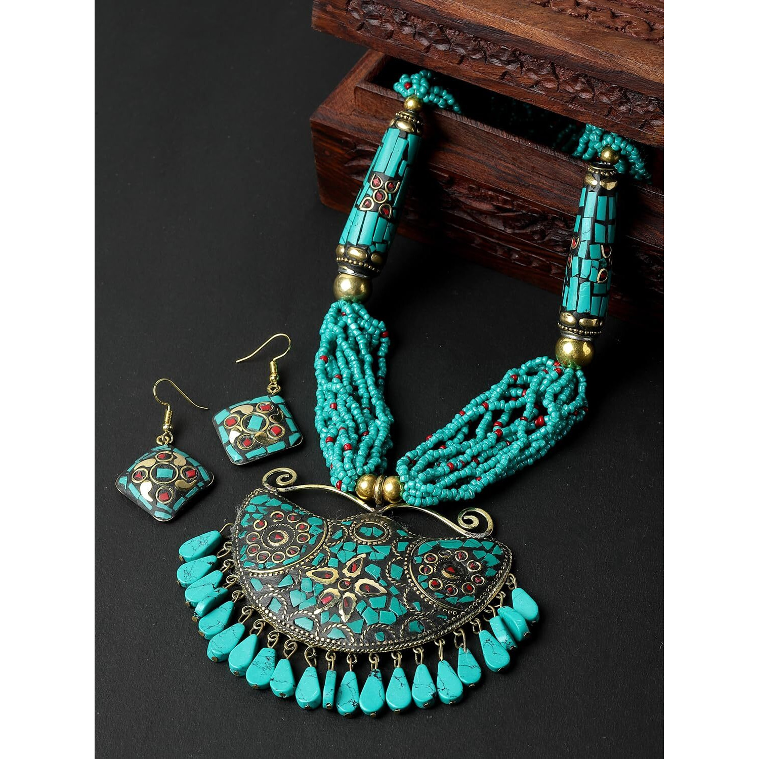 Shining Diva Fashion Latest Stylish Traditional Tibetan Pendant Necklace Jewellery Set for Women (rrsd15544s)